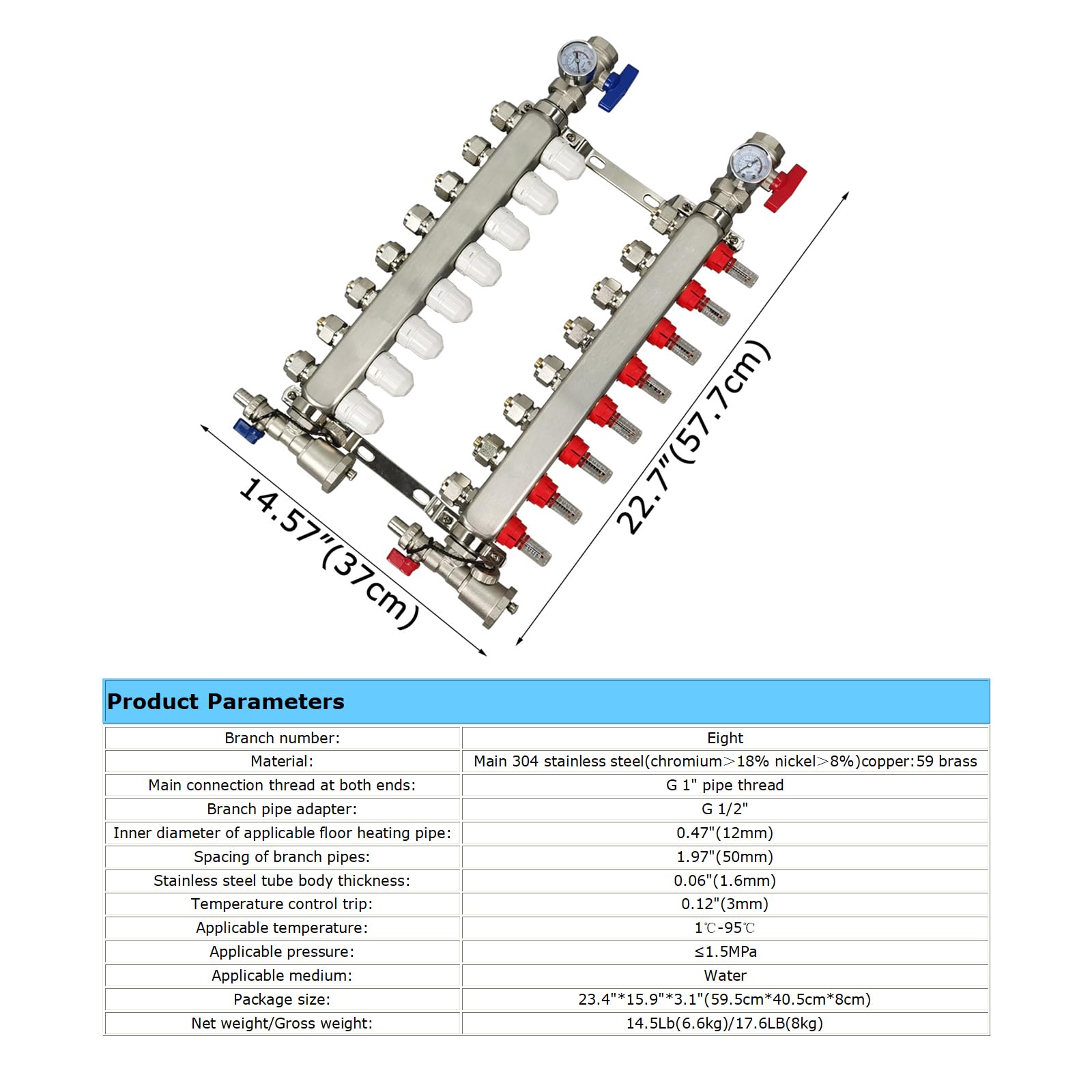 Radiant Heat Pex - Colector Pex de 8 bucles, 1/2 pulgada, tubo Pex de acero inoxidable, tubo Pex de 1/2 pulgada, juego de calefacción de suelo radiante con medidores de flujo