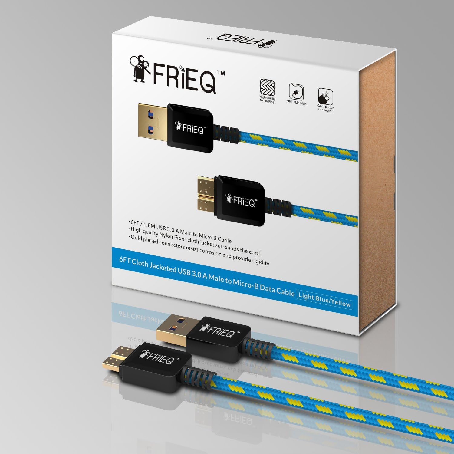 FRiEQ Hi-Speed Extra Long (6 Ft/1.8m) Nylon Braided Tangle-Free USB 3.0 Male To Micro B Data Cable with Gold-Plated Connectors for Samsung Galaxy Note 3 / Samsung Galaxy S5 (Light Blue/Yellow)