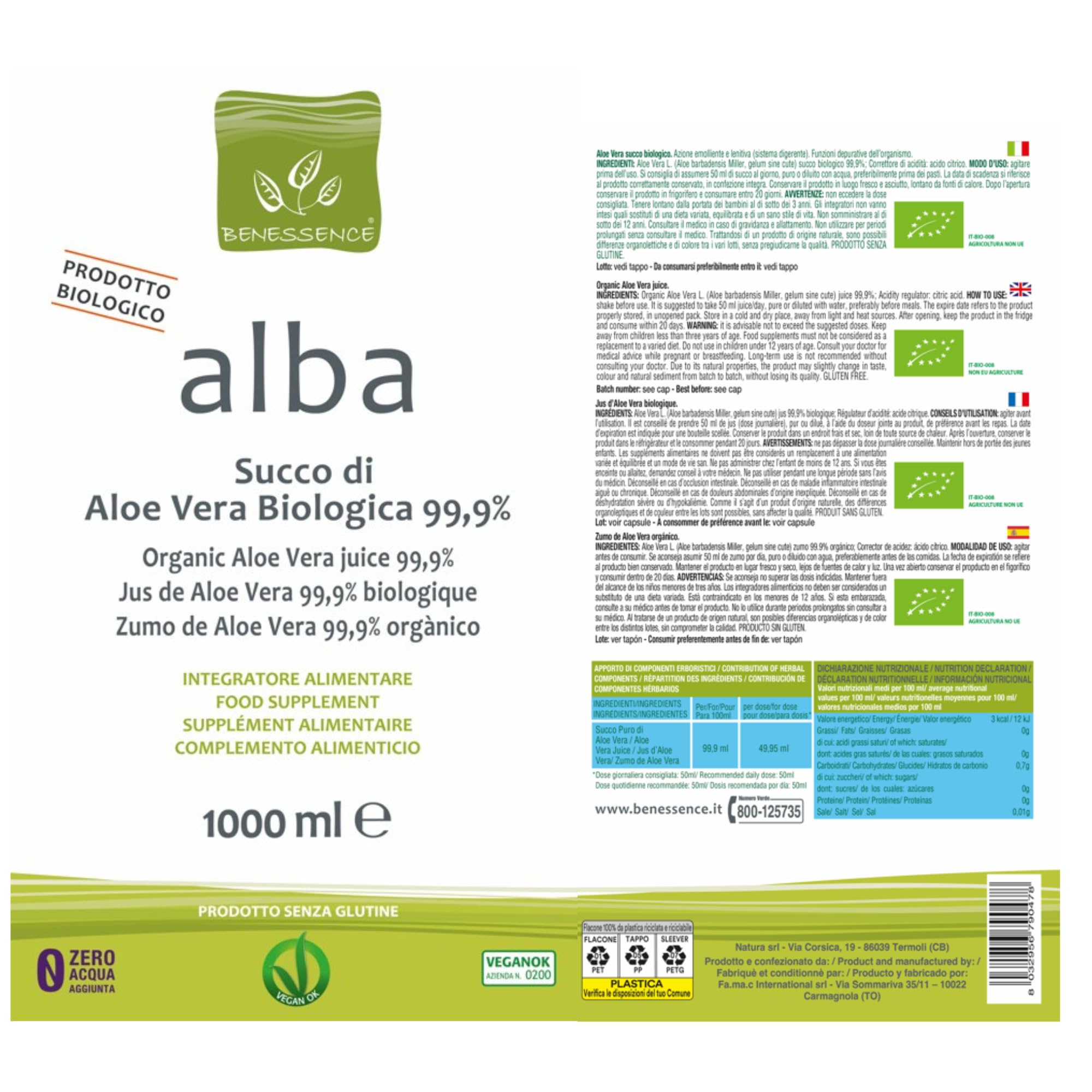 Benessence - Jugo Orgánico de Aloe Vera 99.9% - 3 x 1L