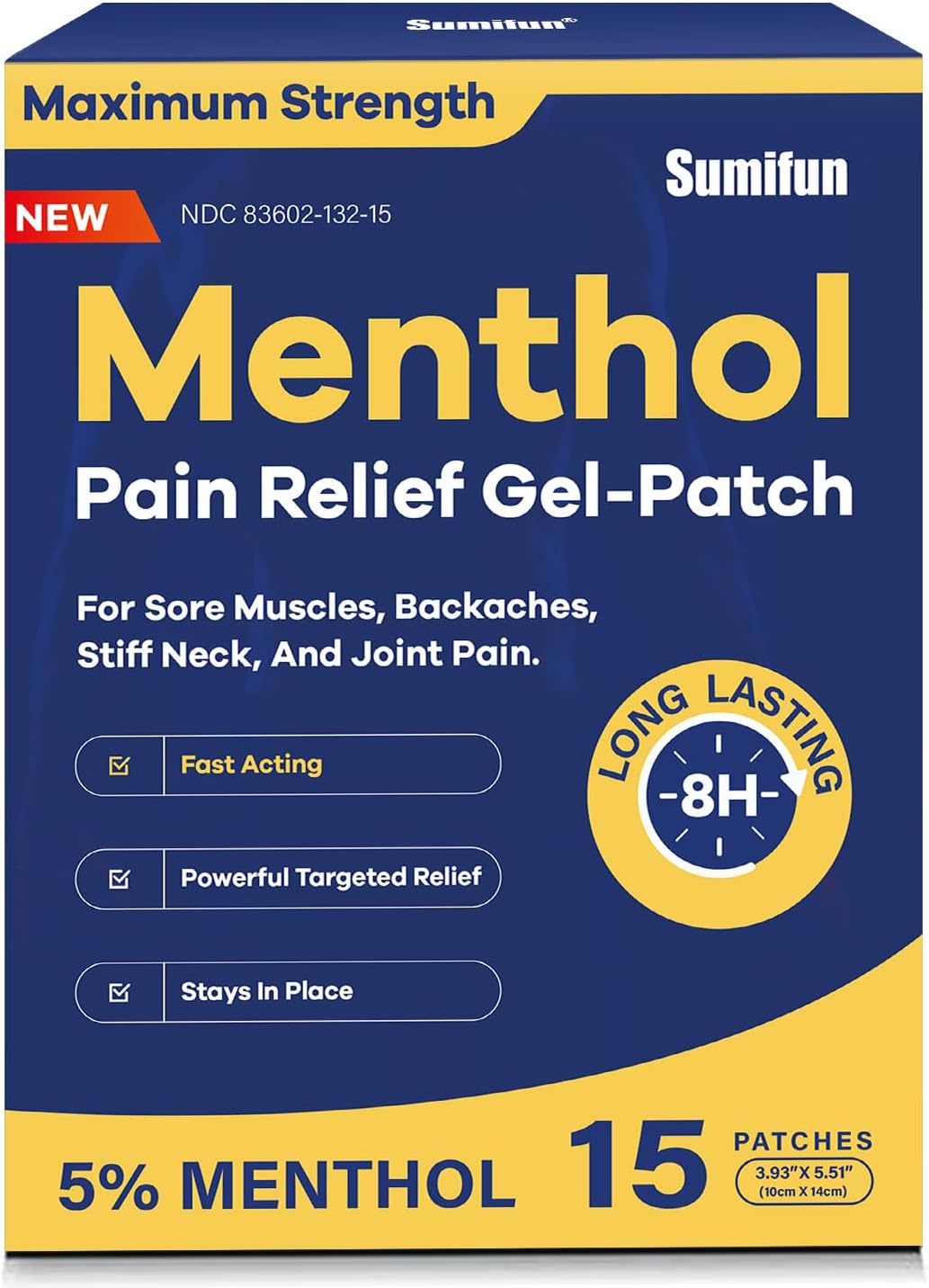 Sumifun 5% Menthol Pain Relief Patches – 15 Count Pain Patches for Back, Neck, Shoulder, Elbow, Knee – Menthol Maximum Strength Pain Relief Patches -8 Hours Pain Relief