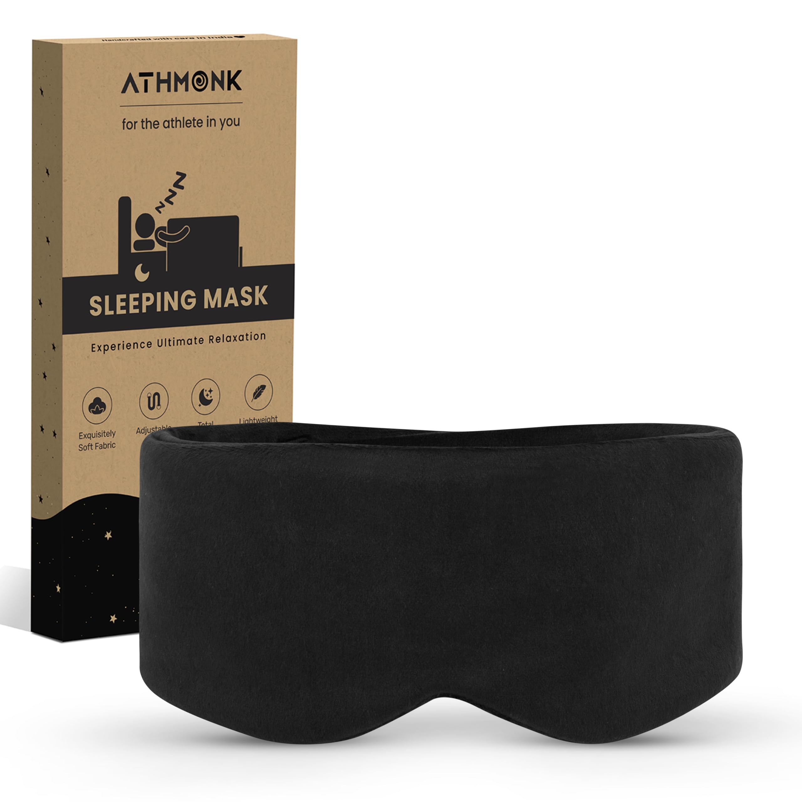 Athmonk Luxury Velvet Extra-Wide Sleeping Eye Mask Blind Fold - Essential Travel Accessories - Blindfold For Sleeping - Eye Mask For Sleeping Men & Women - Complete Blackout - Velcro Strap - Black