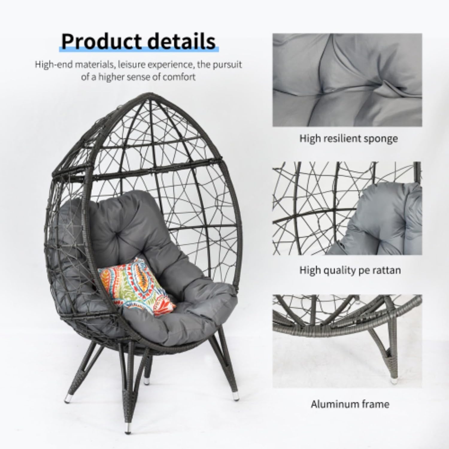 Outdoor Patio Rattan Egg Chair, Sling Chair, Lounge Chair, Basket Rattan Chair with Gray Cushions for Backyard Poolside
