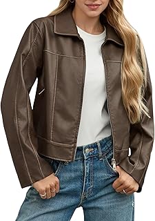 Yousify Womens Faux Leather Jacket Casual Zip Up Motorcycle Long Sleeve Collared Fall Cropped Coats with Pockets