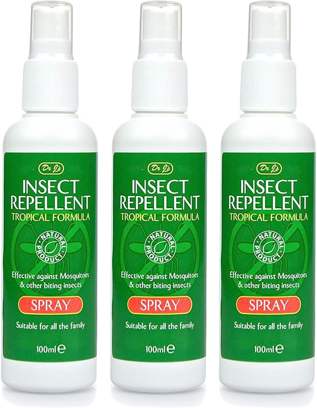 3x Dr J's Insect Mosquito REPELLENT SPRAY Tropical Formula 100ml Travel