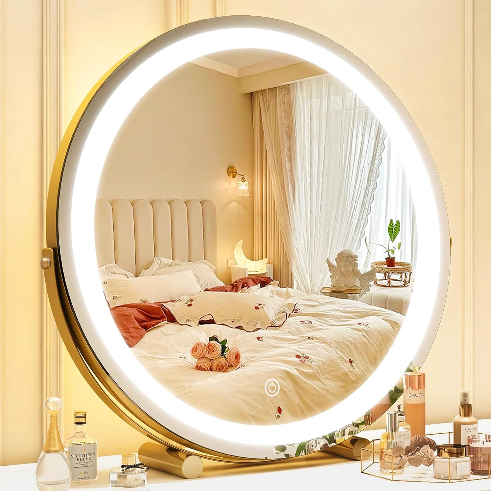 SPNOR 30CM Vanity Mirror with Lights, Round Make Up Mirror with Lighting, LED Mirror Makeup Mirror with Lights for Bedroom Tabletop, Smart Touch Control, 360° Rotation (Gold)