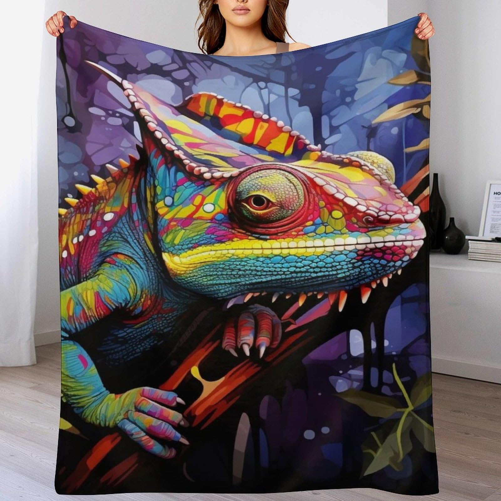 Couverture chaude en flannel motif caméléon plaid doux 130x180cm pour lit et canapé toutes saisons