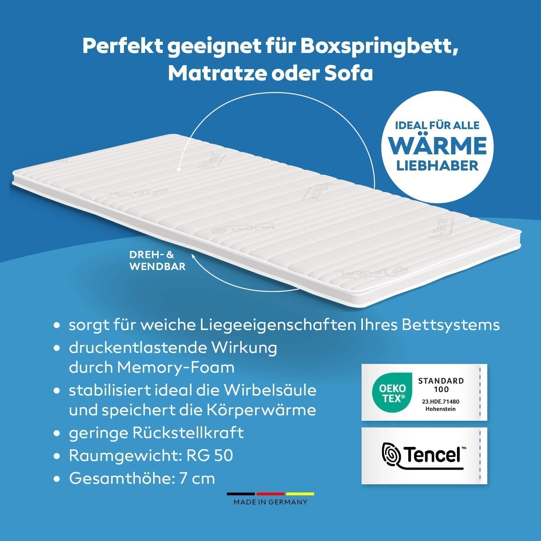 Visco Topper 90 x 190 cm (BxL) - Tencel 3D - Suave - Altura 7 cm - OEKOTEX - RG 50 kg/m³ - Fabricado en Alemania