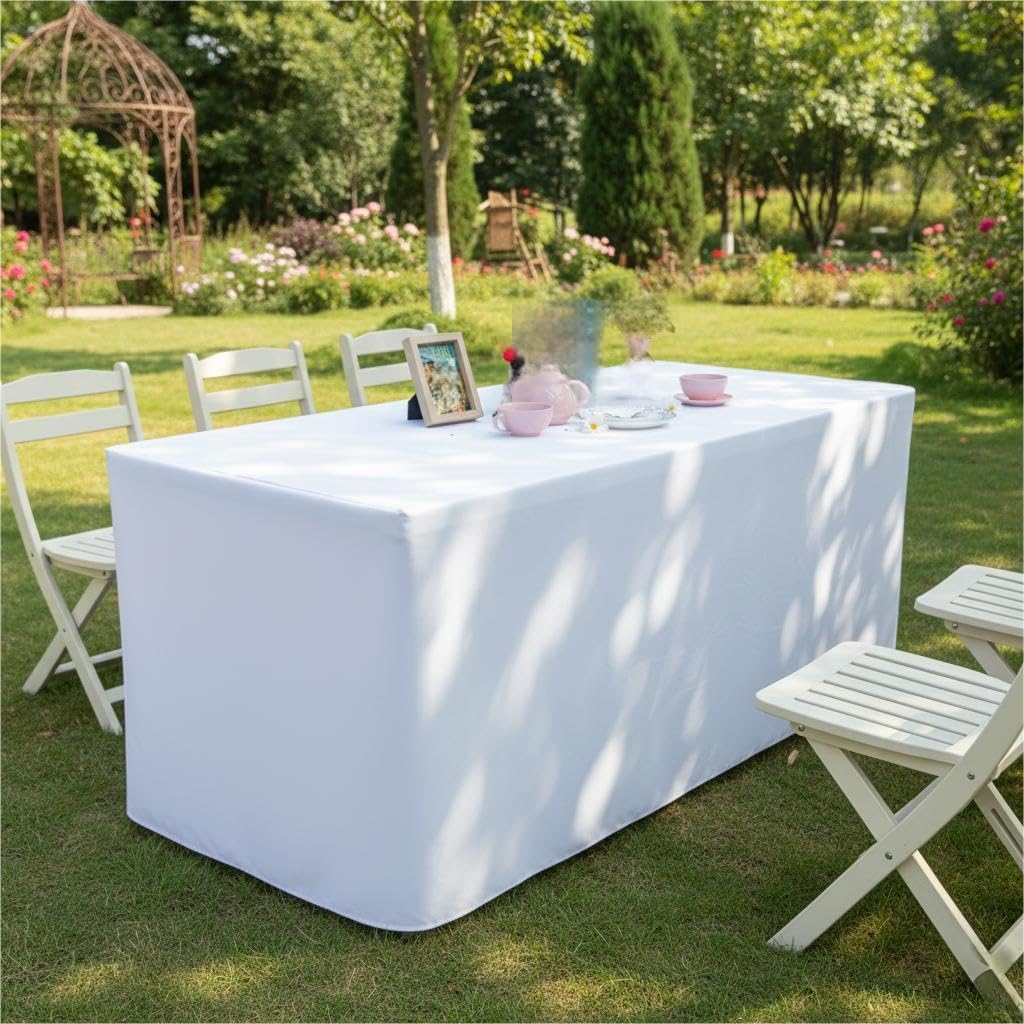 Surmente 10 Pack White Fitted Tablecloths for 6 Foot Rectangle Tables, White Table Covers for Weddings, Banquets, or Restaurants