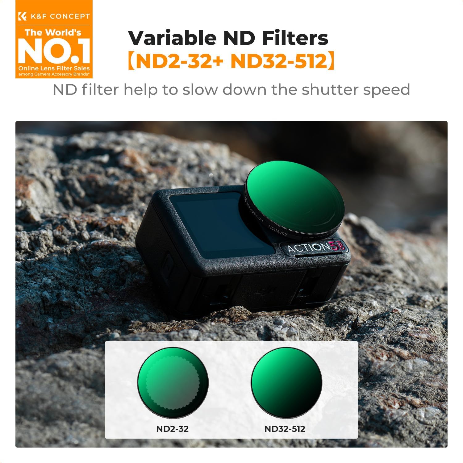 K&F CONCEPT Push in Fit Variable ND Filter Set Compatible with DJI Osmo Action 5 Pro, ND2-32 & ND32-512 Neutral Density Light Reduction Filters for Omso Action 4/3, Multi Coated HD Optical Glass