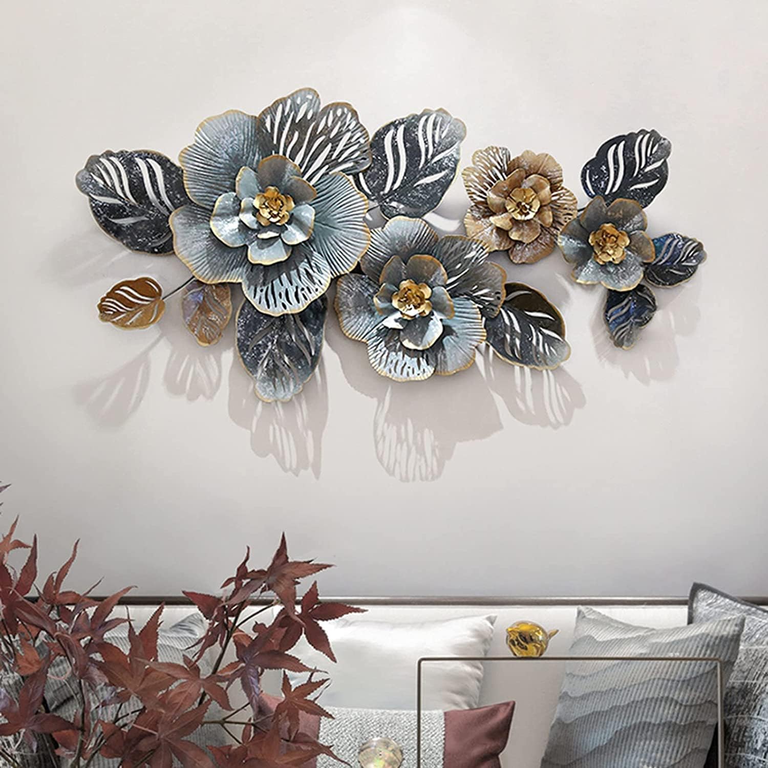 DECORIA Decor Home Metal Flower Wall Art Decor Large Indoor Wall Hanging Sculptures, Natural Art Home Decoration for Home Living Room Bedroom Bathroom Kitchen- 50 Inch