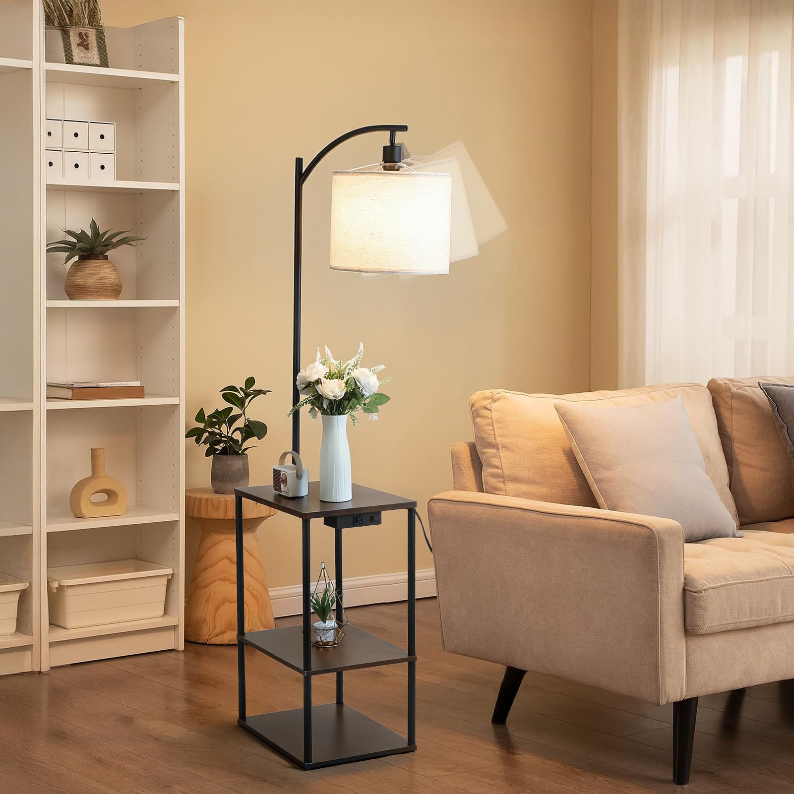 tekrabea Floor Lamp with Remote, Adjustable 3000K-6000K Colors & Brightness Bulb, End Table with Charging Station(USB & Type-C & AC Port), Modern Shelves Side Table for Bedroom, Living Room, Office