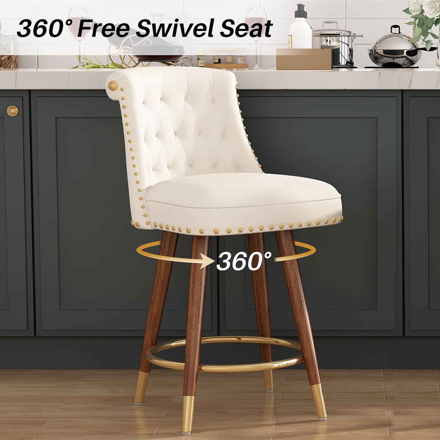 SeekFancy 24" Counter Height Bar Stools Set of 4, Swivel Counter Stools with Back, Upholstered Velvet Stools for Kitchen Counter with Wood Legs, Fabric in Off-White