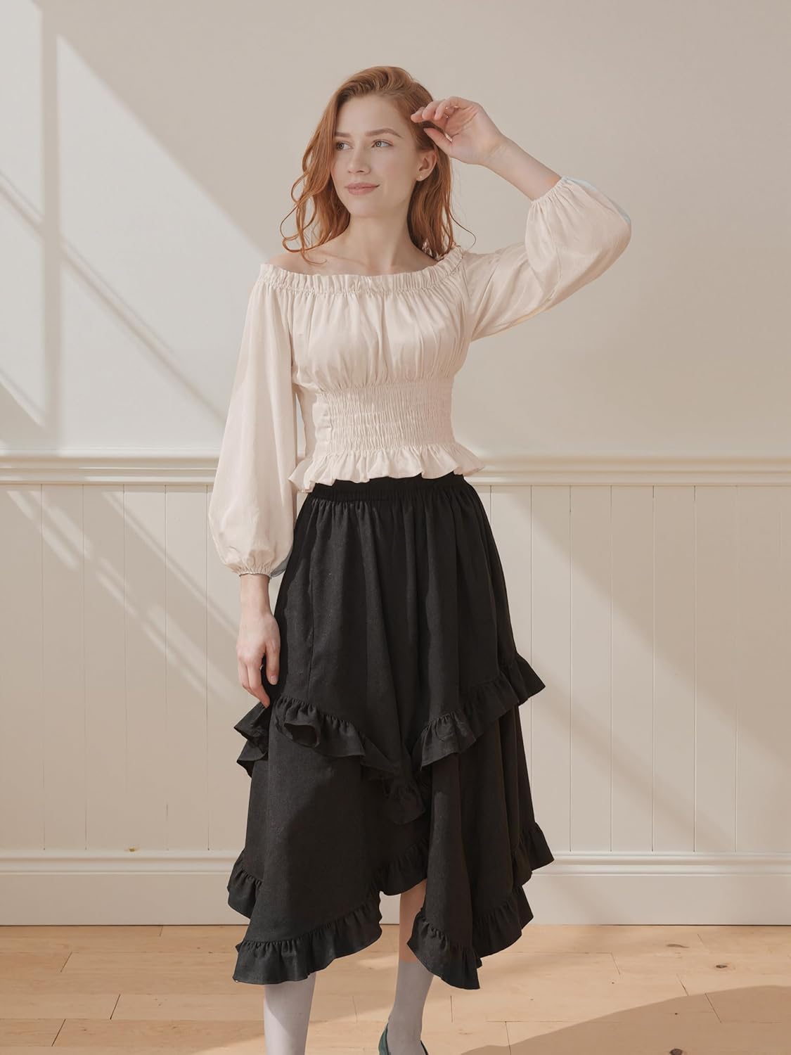 Women Costume Renaissance Peasant Tops Pirate Corset Blouse Off Shoulder Shirt - Image 2