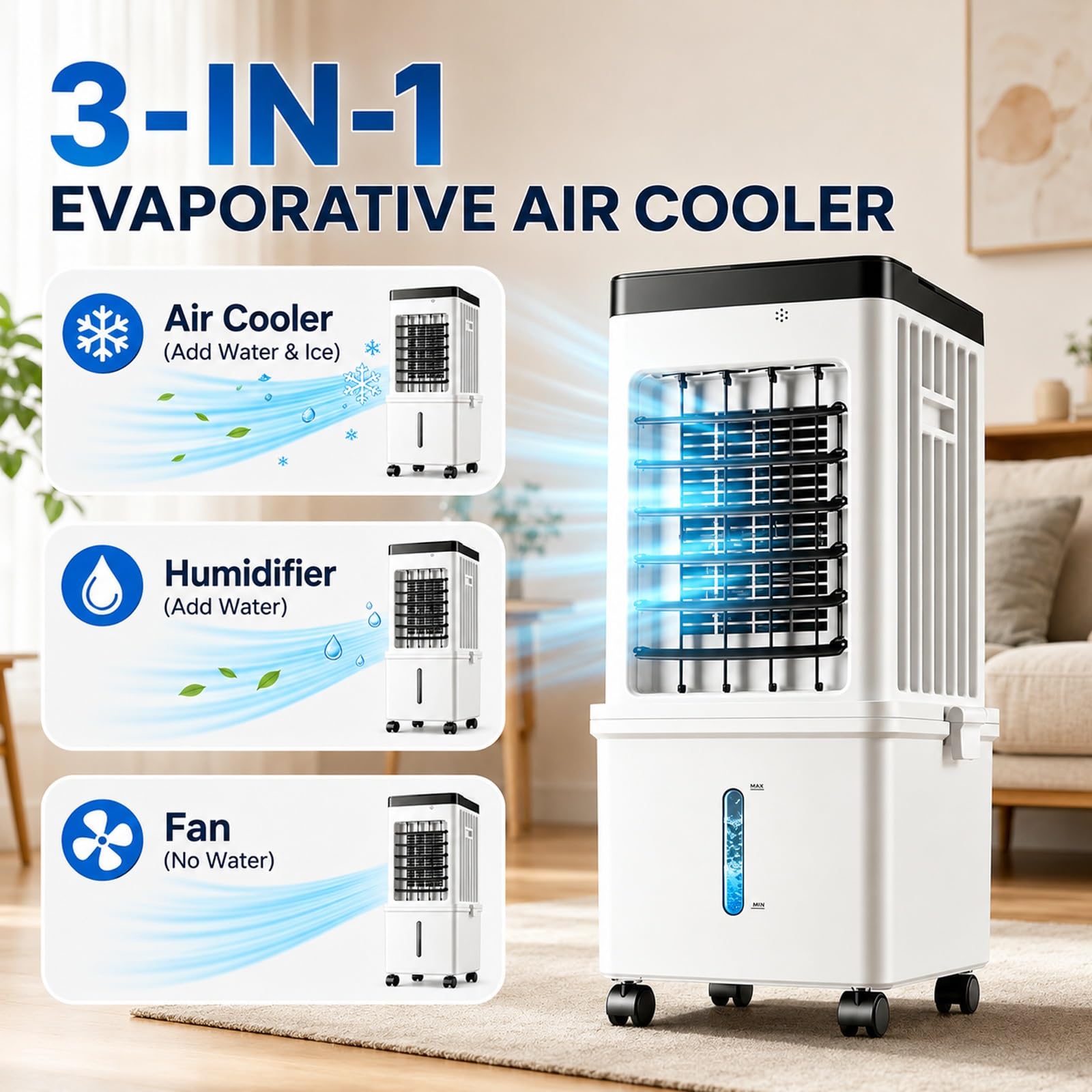 Aire Acondicionado Portátil/Enfriador Evaporativo, 3 Velocidades, Oscilación de 90°, Temporizador de 7,5 H, Control Remoto, para Oficina en Casa o Dormitorio