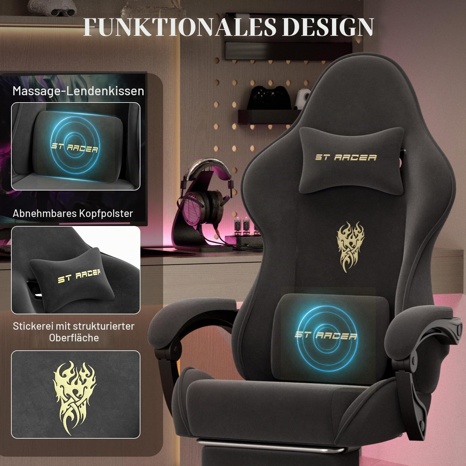 Verdego Gaming Stuhl Ergonomisch, Gaming Chair mit Massagefunktion, Fußstütze, Gamingstuhl Samt, Höhenverstellbar, Gamer Stuhl Verstellbare Rückenlehne 90-125°, Linkage Armlehnen (Schwarz)