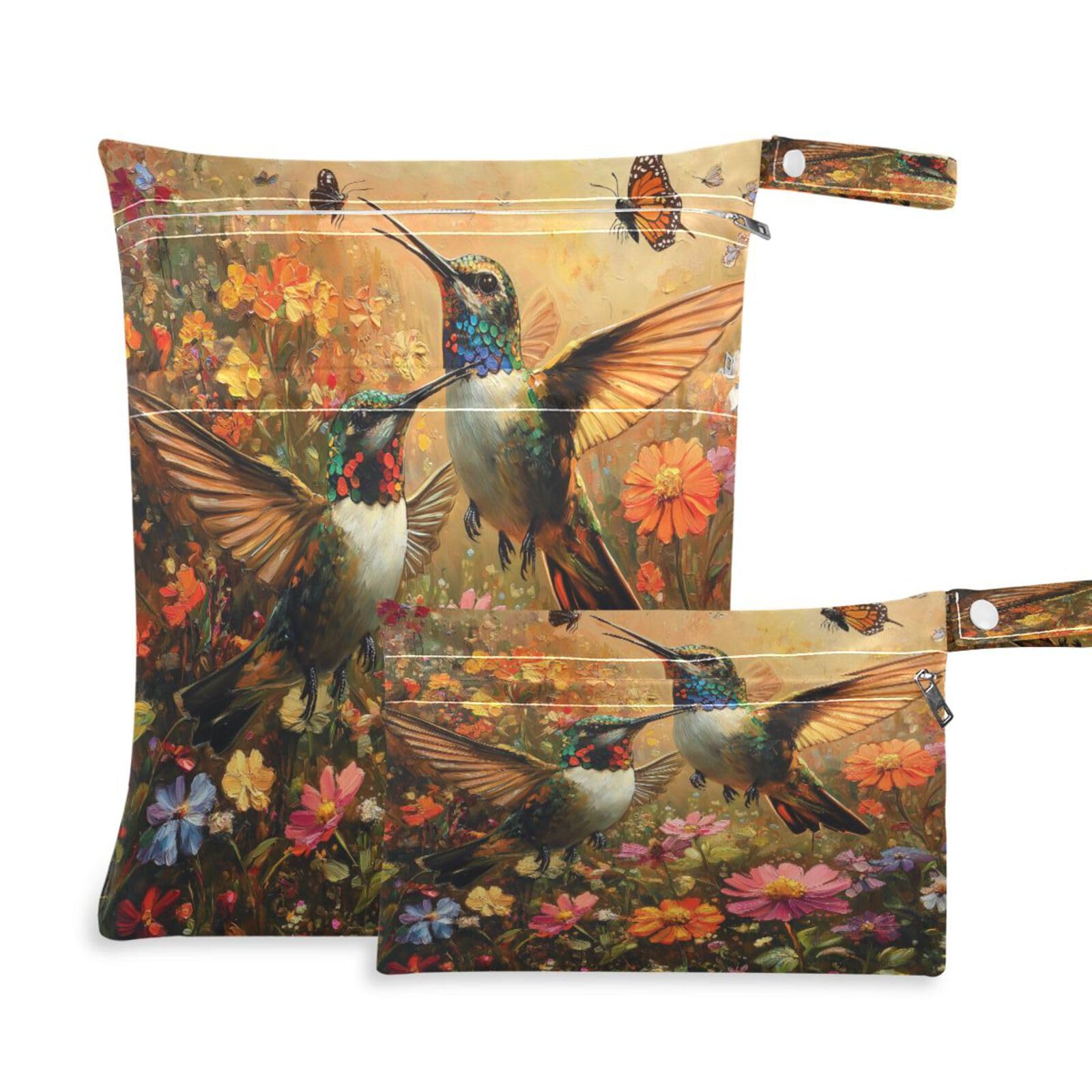 ATTX Wildflowers Hummingbirds Wet Dry Bags 2-Pack - Reusable Cloth Diaper Storage for Travel, Beach & Gym | Multi-Use Waterproof Bags for Swimsuits, Baby Clothes, Sports Gear#245