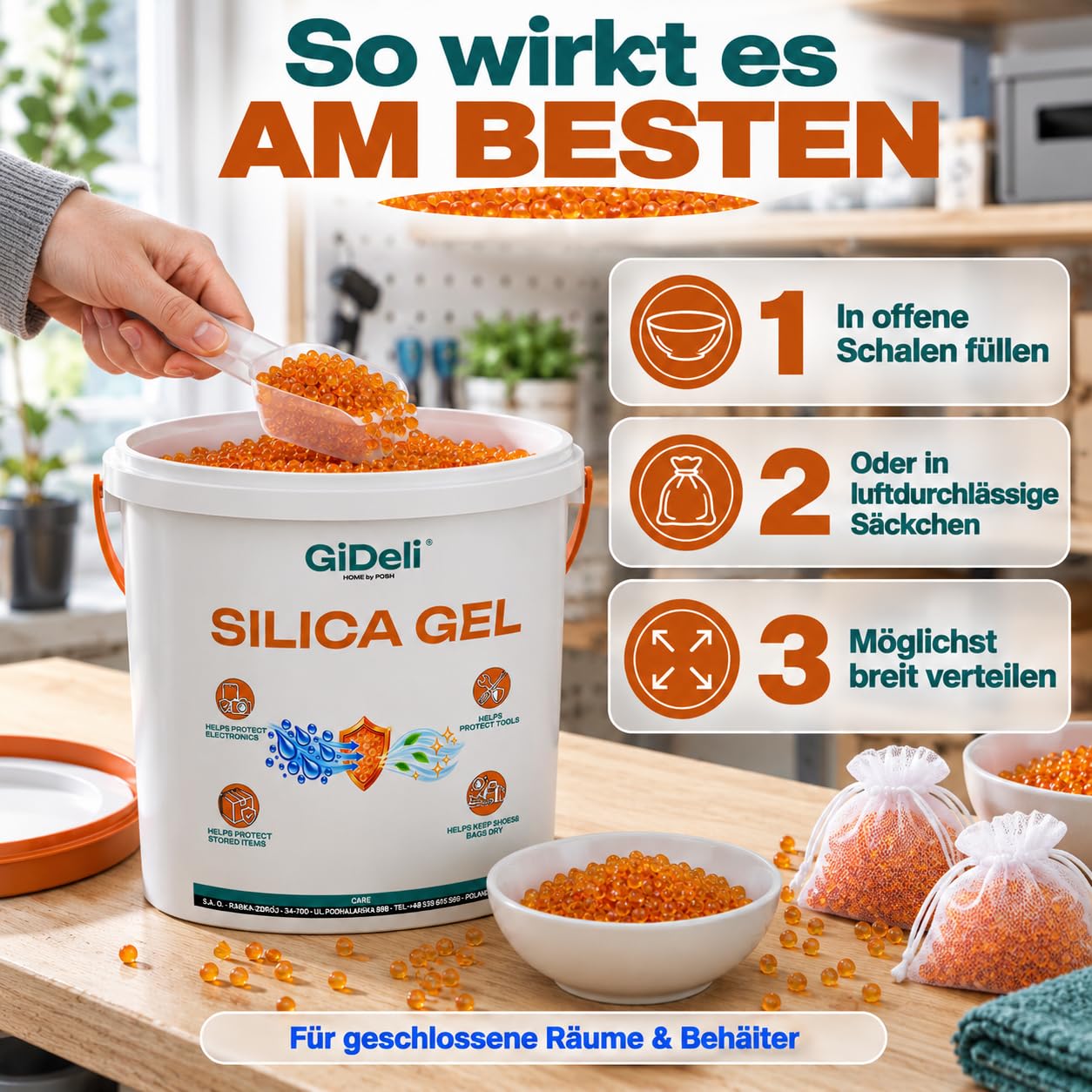 GiDeli Silica Gel Kugeln Orange, Feuchtigkeitsabsorber, 20kg