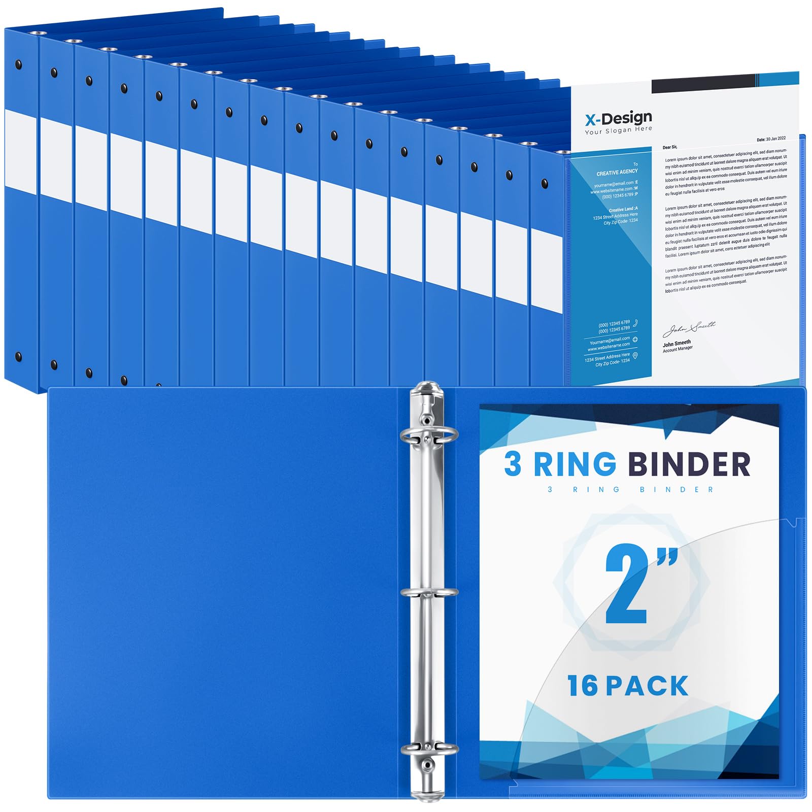 Henoyso 16 Pcs 2 Inch 3 Ring Binder with Clear Cover Plastic Flexible Fit Letter Size 8.5" x 11" Paper Holds 100 Sheets Versatile Binders for School Office Home, 1 Pocket(Blue)