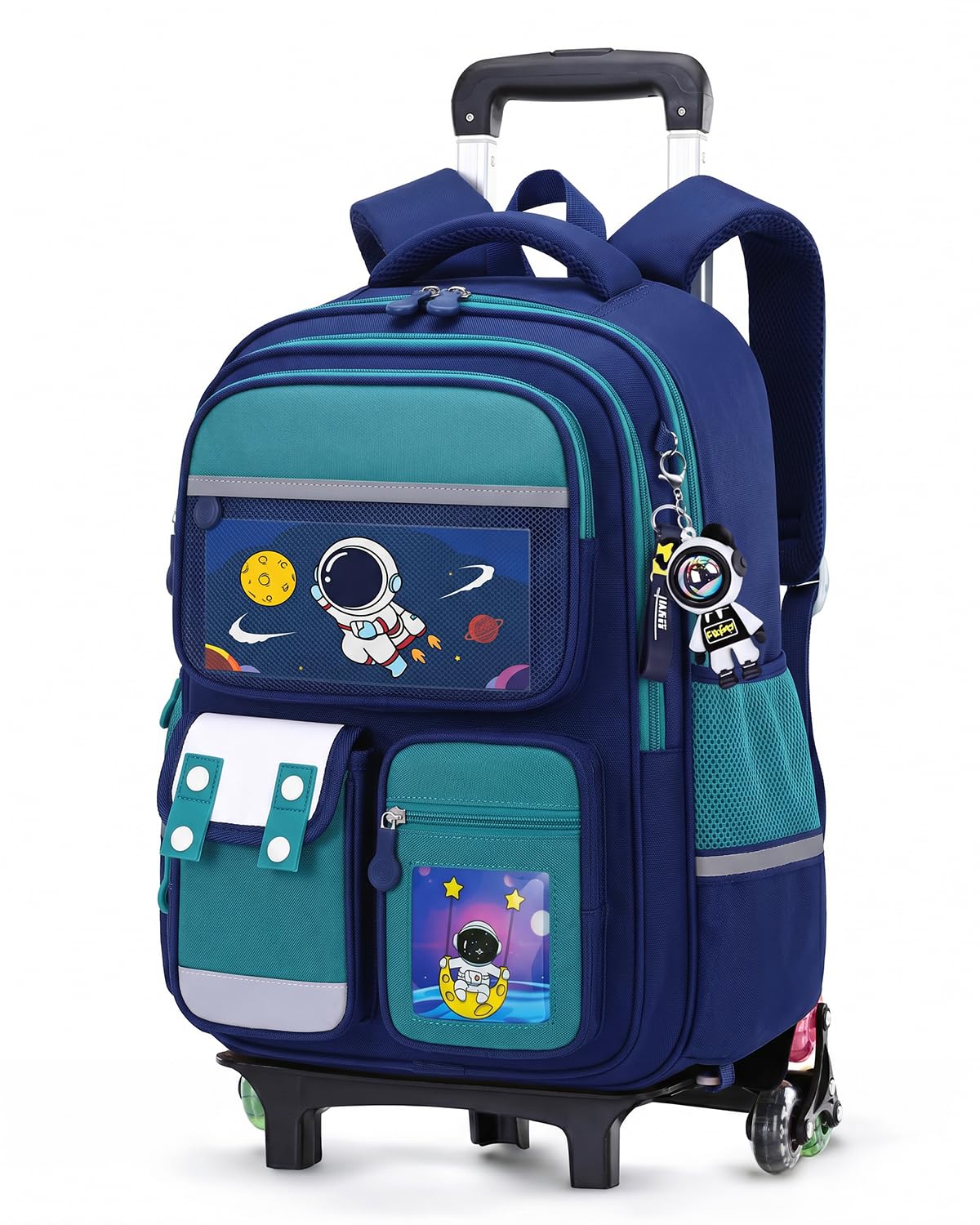 Amythe Zaino Trolley per Bambino Scuola Elementare con Pettorina, Blu | Zaino Elementari Bambino con Carrello 6 Ruote, Zaini Bambini 6-10 anni Leggero Idrorepellente Fasce Riflettenti, Ritorno
