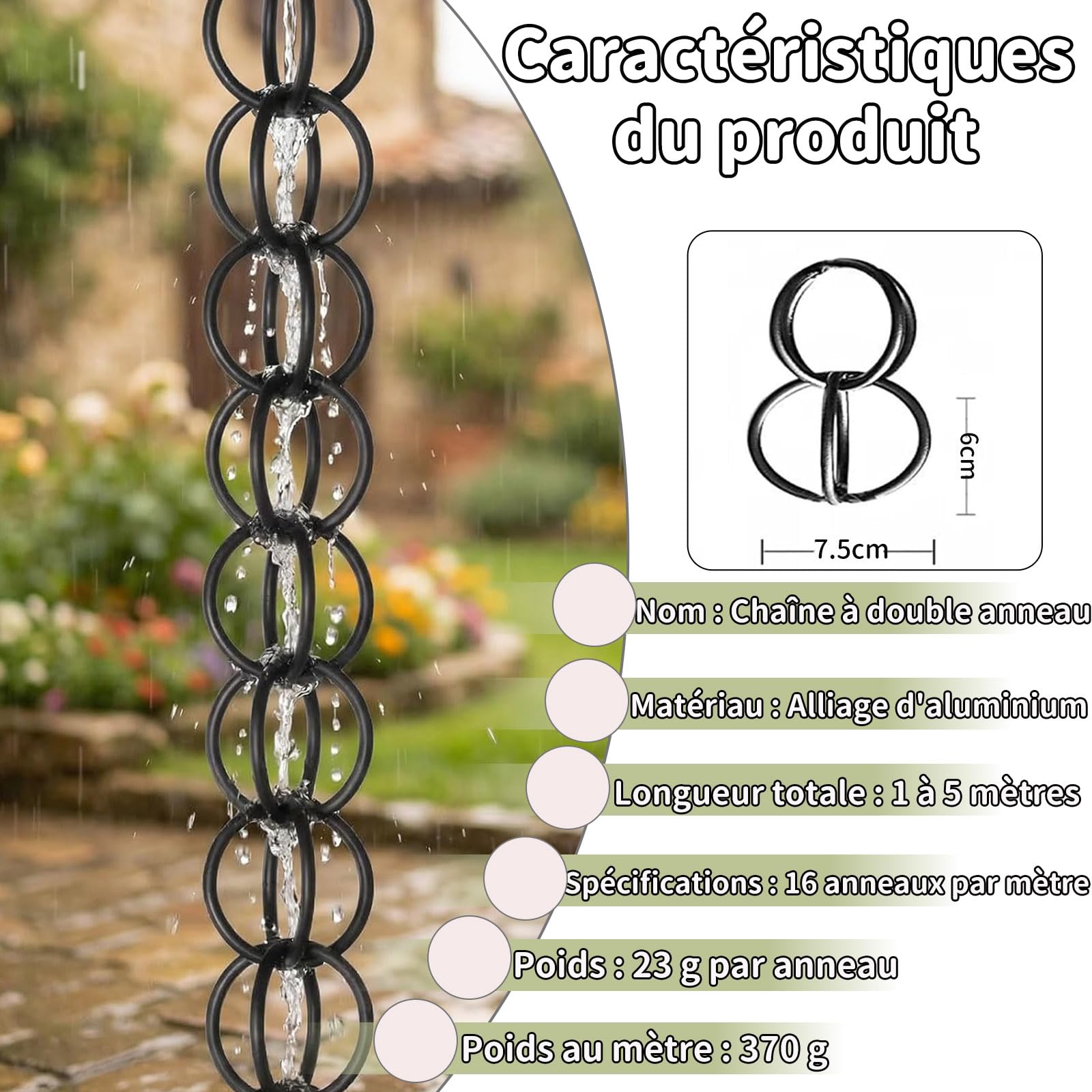 Chaine de Pluie Gouttière,pour l'extérieur,ChaîNe Attrape,pour l'extérieur,décoration de Jardin et de Maison,Élégante et Écologique,pour gouttières,Système de Récupération d'eau