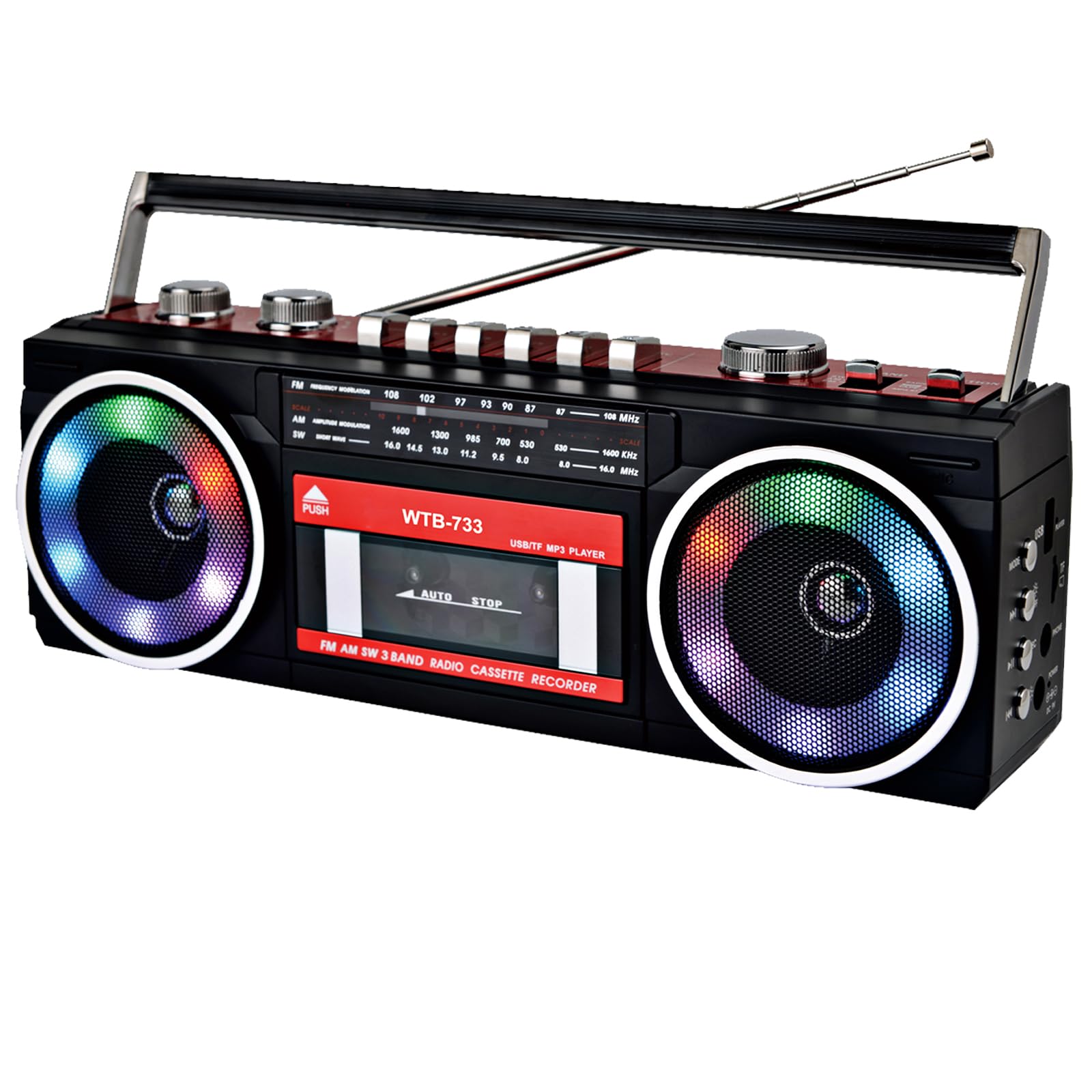 Magnetofon kasetowy w stylu lat 80. z Boombox Bluetooth, radiem AM/FM/SW, nagrywaniem USB, gniazdem słuchawkowym, dźwiękiem stereo, 16 W, zasilacz AC/DC