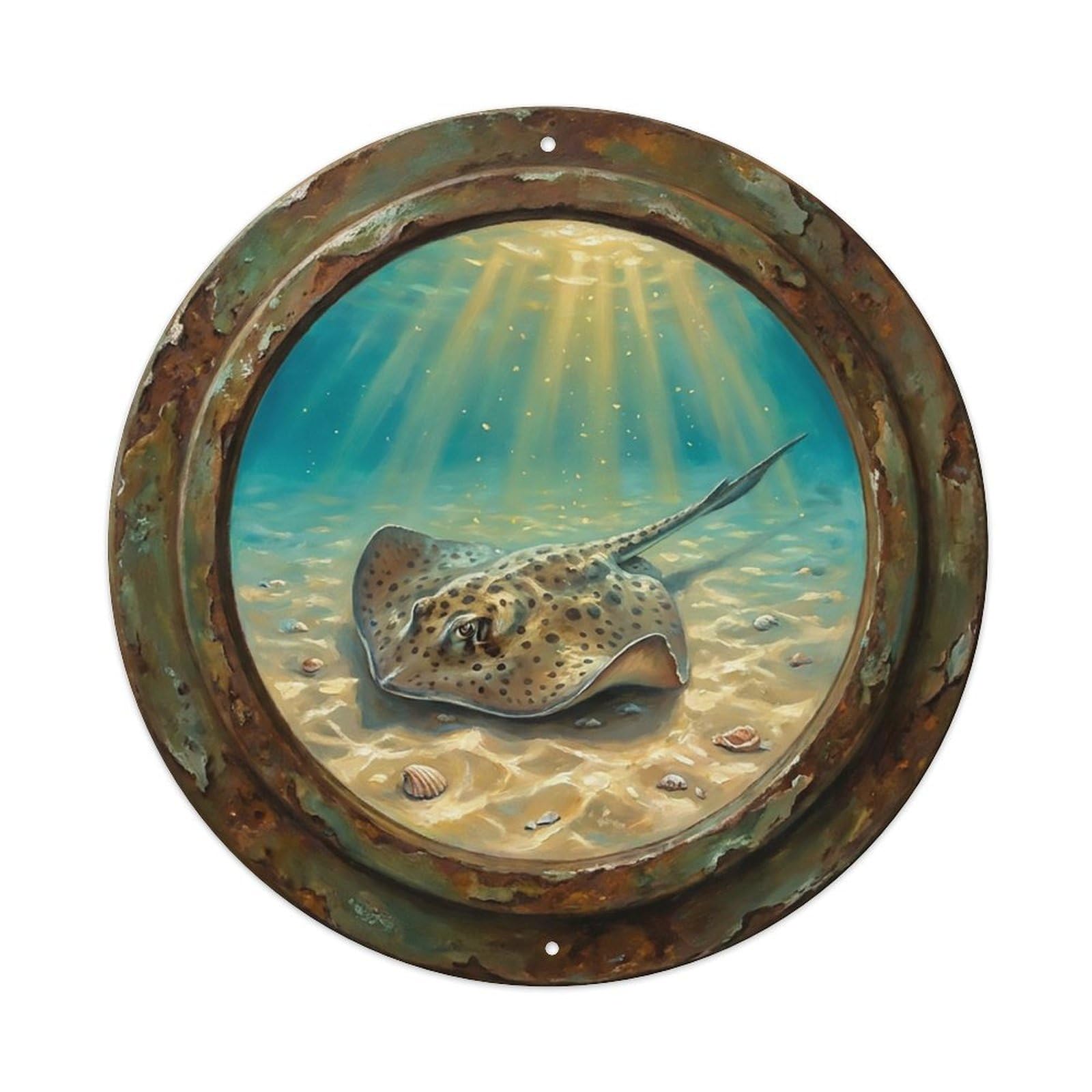 Vintage Porthole Stingray Sandy Ship Window Undersea Deep Sea Metal Tin Sign