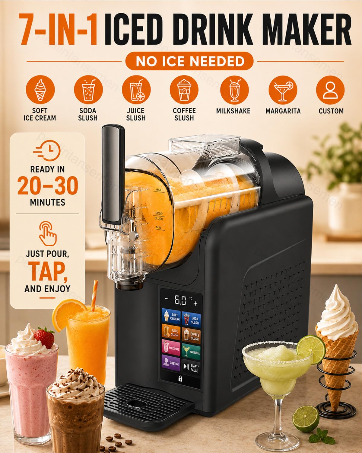 Máquina Para Helado Suave Y Granizados De 2 L, 7 Modos Preestablecidos, 185 W, Control Táctil, Autolimpieza De 360° Con Un Solo Botón, Para Fiestas En Casa, Cafeterías, Food Trucks White