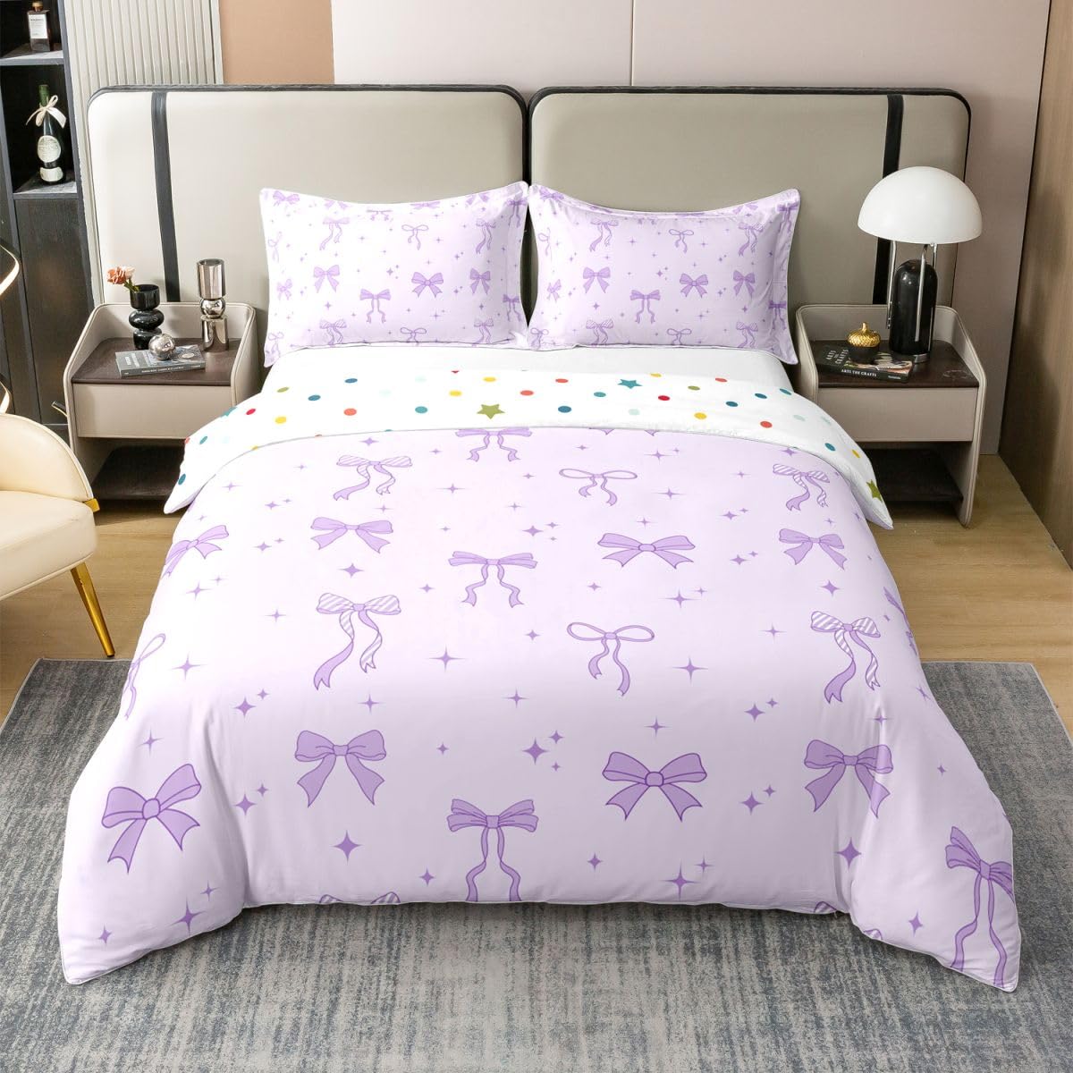 Housse de couette 240 x 260 coton nœud papillon et étoiles violettes