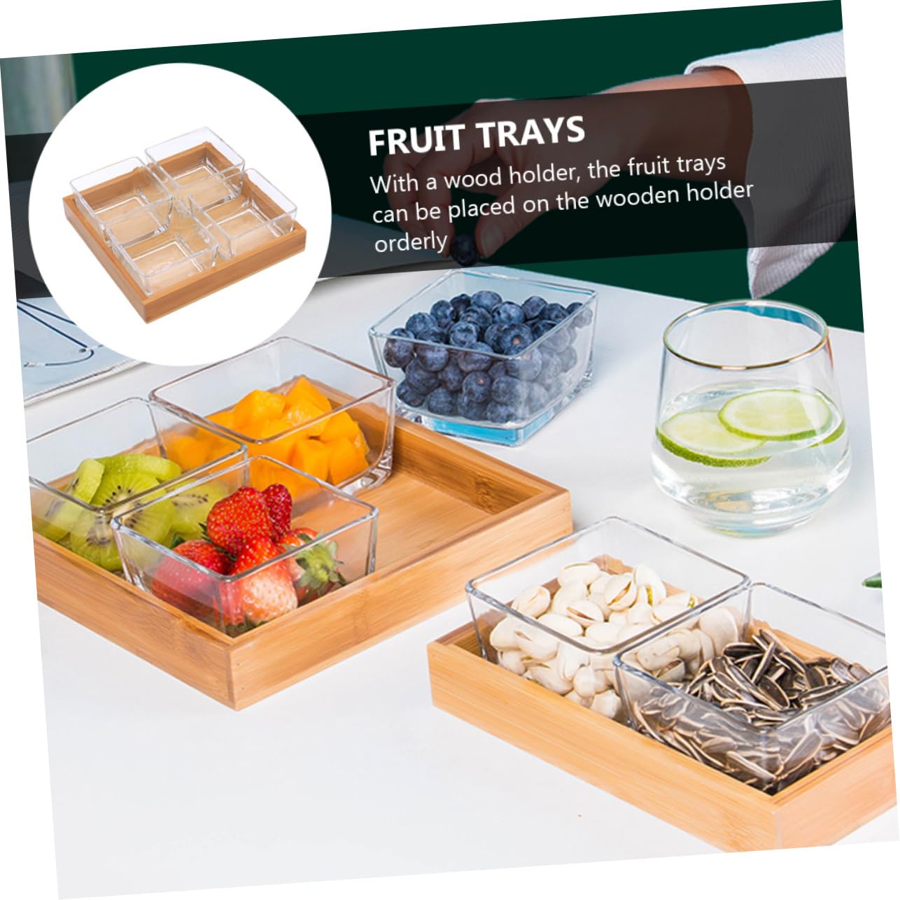 Plateau à Fruits Compartimenté En Verre Transparent 4 Sections Support En Bois Multifonction Pour Fruits Secs Noix Collations Maison Restaurant Fête