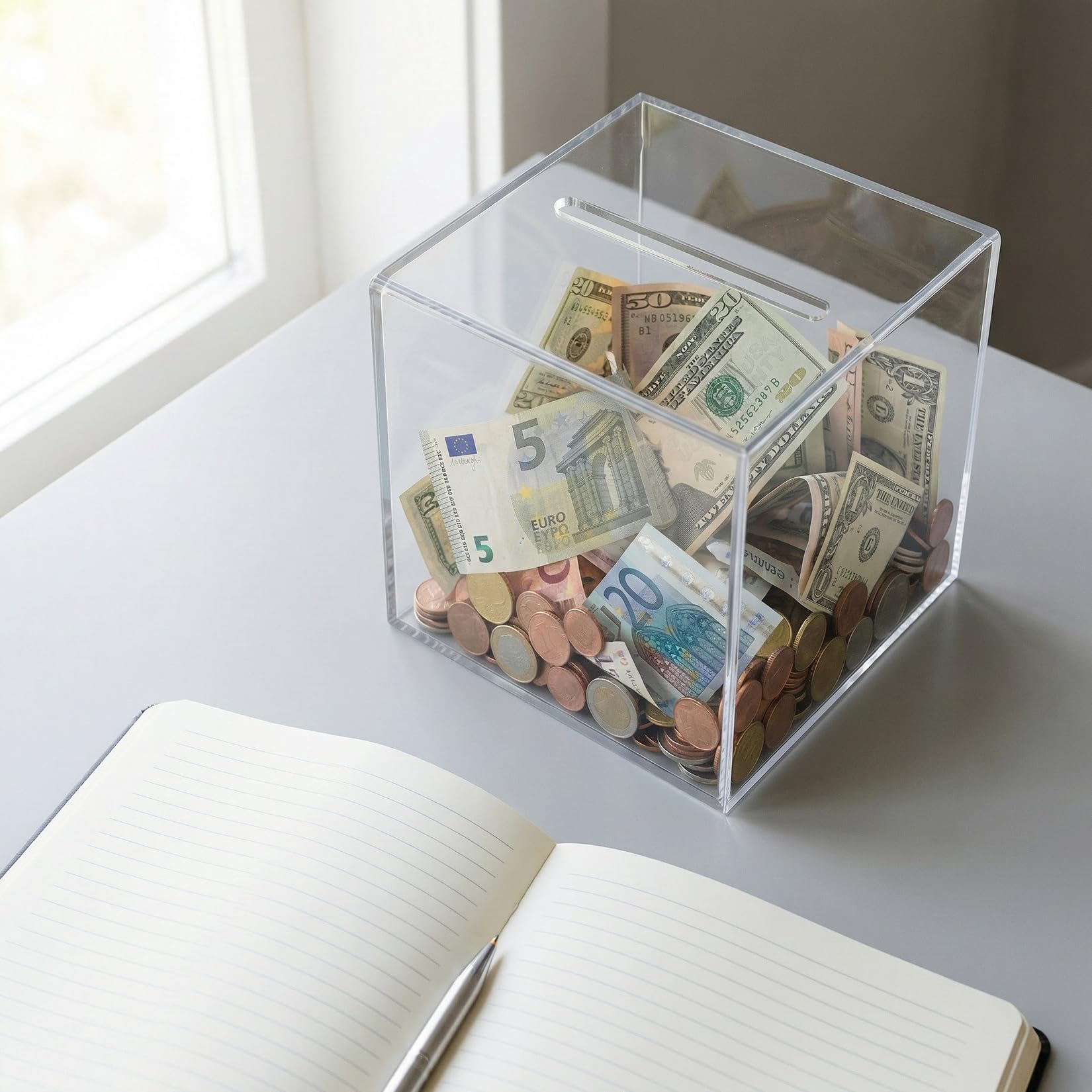 Hucha Ahorro Transparente, Huchas de Dinero no se Debe Abrir, Hucha Transparente, Huchas Caja de Ahorros de acrílico para Billetes, Adultos (12x12x12cm)