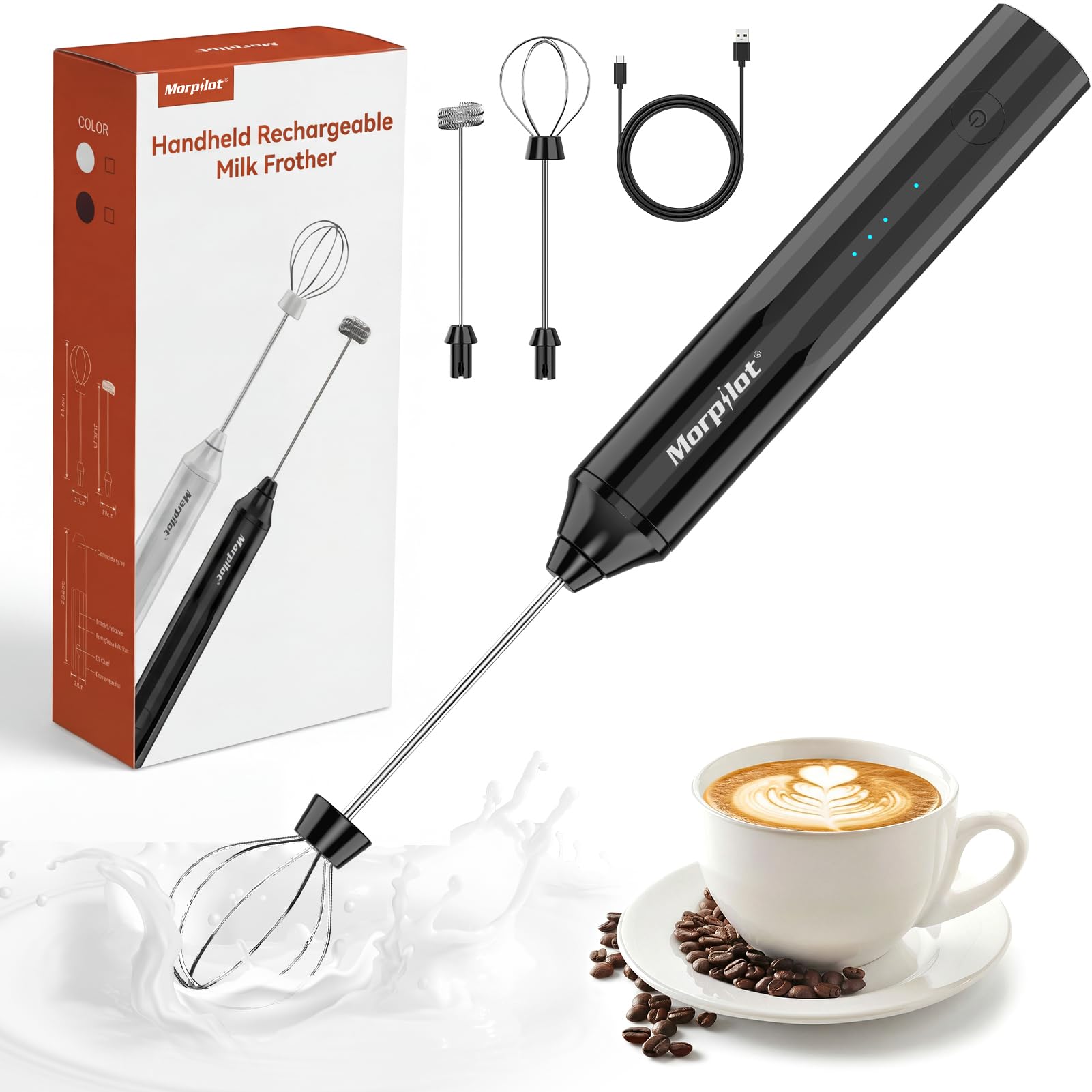 Morpilot Milchaufschäumer Stab, Milchschäumer Elektrisch Wiederaufladbar, abnehmbarer Edelstahl Schneebesen, Mini Mixer für Latte, Matcha-Tee, Cappuccino, Schwarz