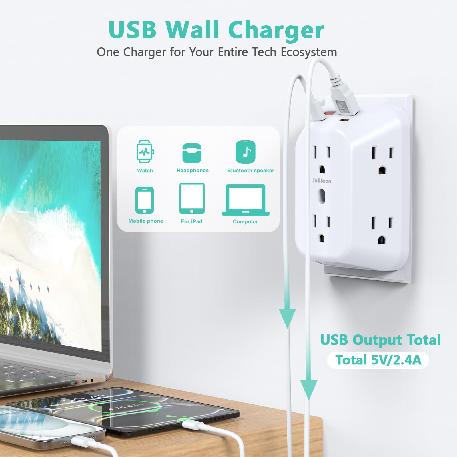 Steckdosenleiste, Überspannungsschutz, 6 Port Verlängerungskabel mit 4 USB Ports (2x USB A, 2x USB C), 4er Pack Power Board, Wandsteckdosenadapter reserviert für Reisen in