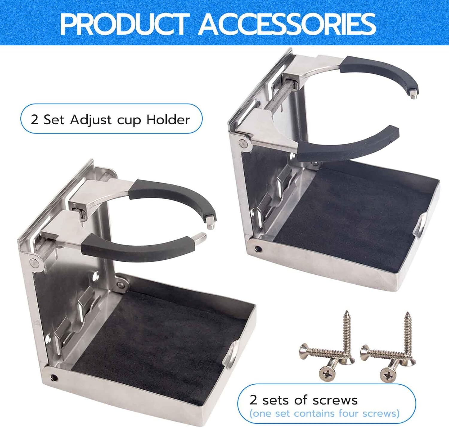 2-Pack Adjustable Stainless Steel Boat Cup Holder | 304 Marine-Grade Foldable Drink Holder with Silicone Grip | Fits 2.625"-3.5" Cups, for Boat, RV, Car & Yacht