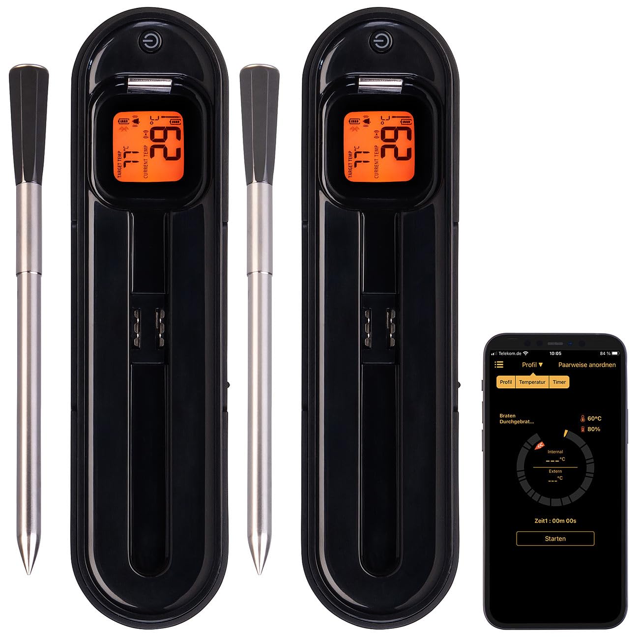 Rosenstein & Söhne Rindfleisch-Thermometer: 2er-Set kabellose smarte Fleisch-, Braten- & Grill-Thermometer,BT5,App (Grillthermometer Digital Funk, Digital-Bratenthermometer, Grillspiesse)