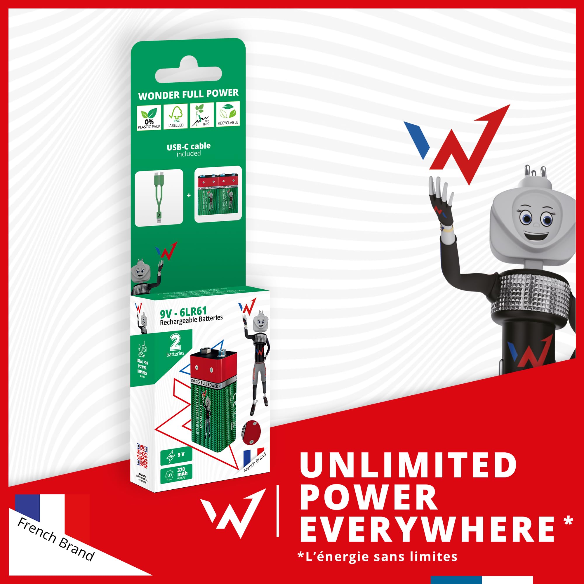 Wonder Full Energy – Piles Rechargeables 9V / 6LR61 – Pack de 2 – 370mAh, 3600mWh – Câble USB-C Inclus – Lithium-ION – Jusqu’à 1000 Cycles – Idéales pour Détecteurs de Fumée, Multimètres, Jouets