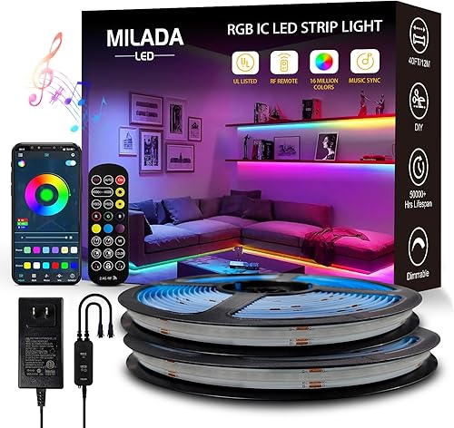 COB RGB - Tira de luces inteligentes IC de 40 pies, lista UL, 24 V, tira de luz de cinta flexible multicolor con control de aplicación,