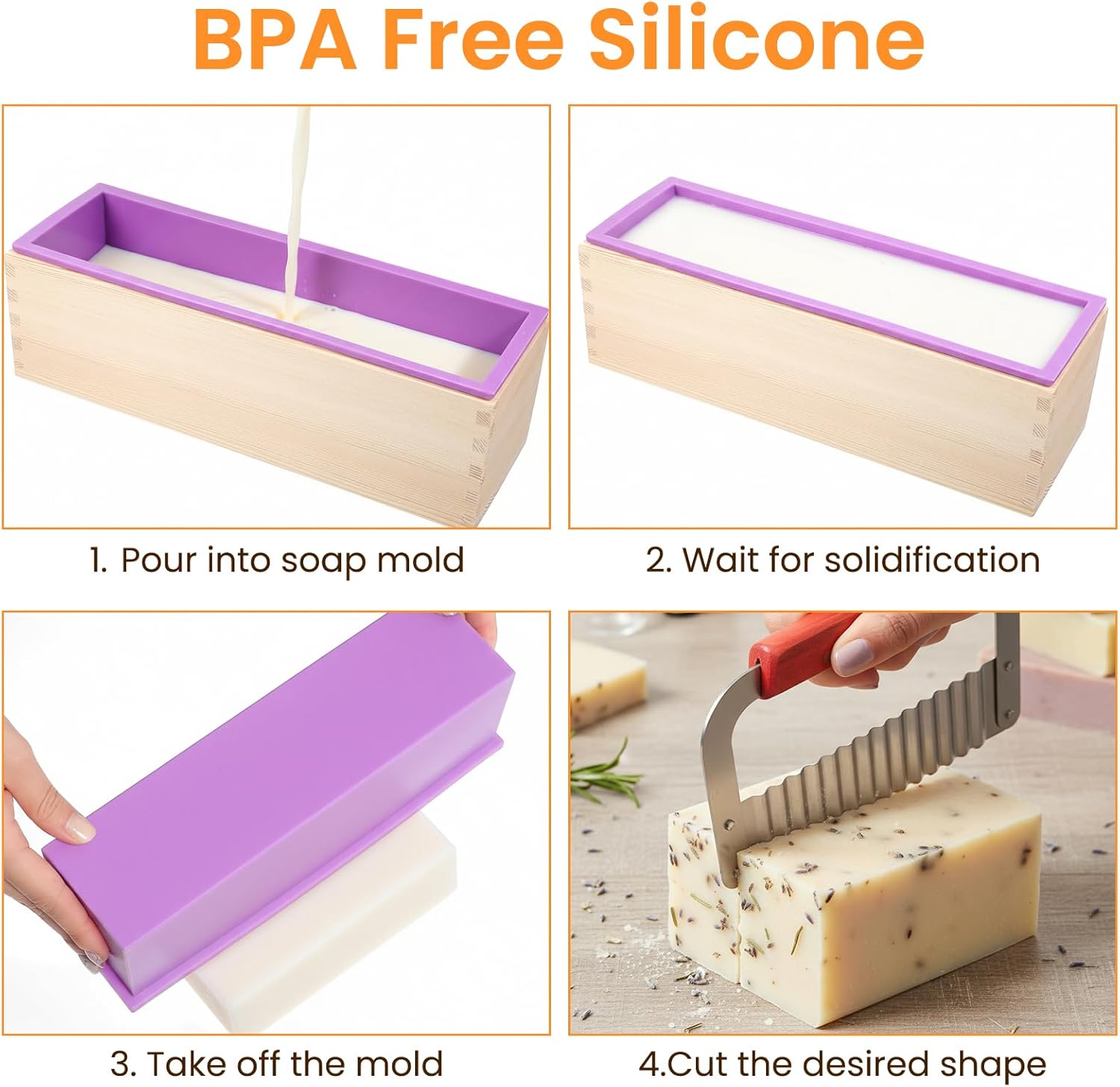 2 Pcs Rectangular Loaf Soap Molds Kit with Wooden Box, 42oz Flexible Silicone Mold, Stainless Steel Wavy & Straight Slicer Cutter for DIY Soap Making, Pink and Purple