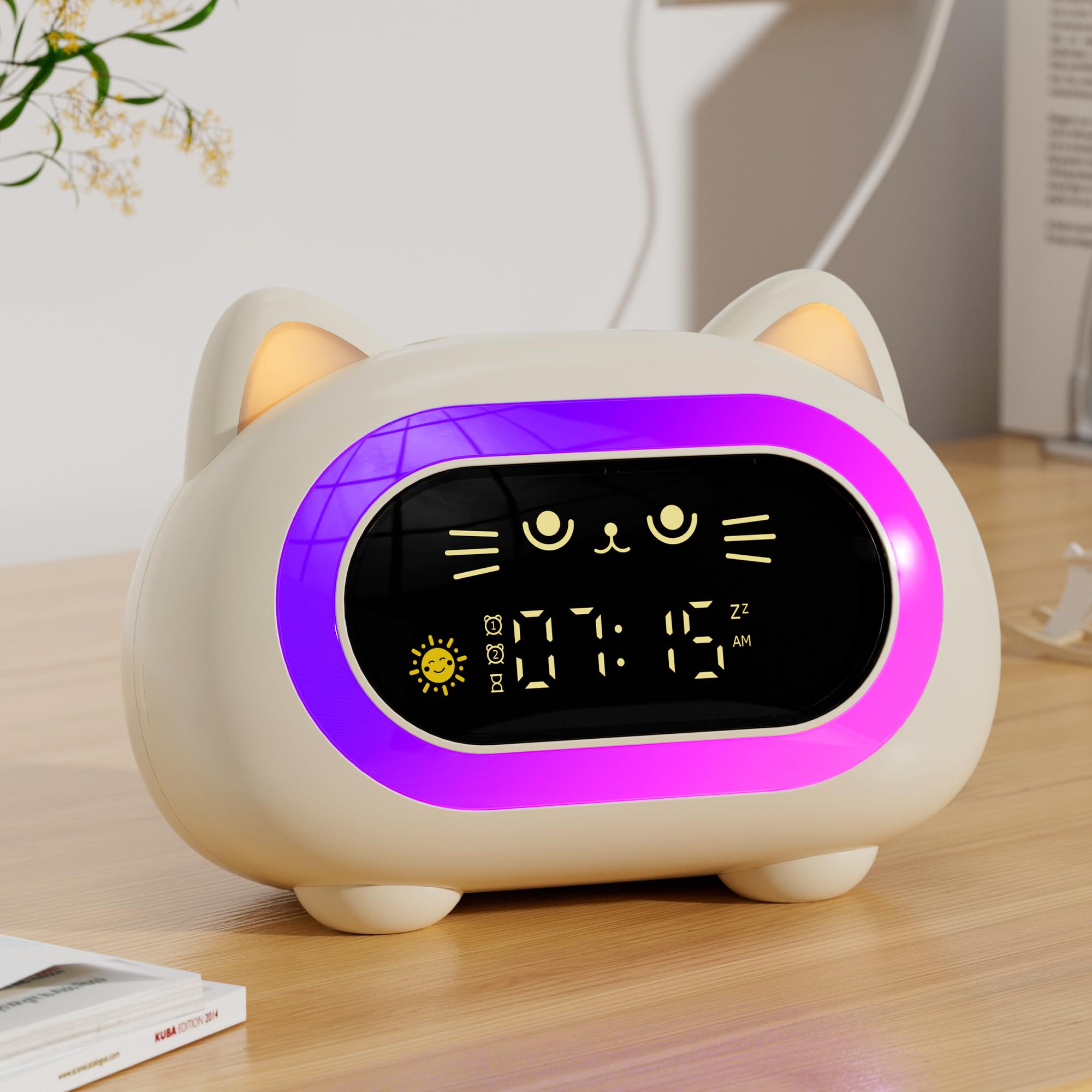 Honesorn - Kinderwecker, Kinderwecker, niedliche Katze und Kleinkinder, Kinderwecker mit 10 Nachtlichtern, 7 beruhigende Geräusche, Ausschalt-Timer