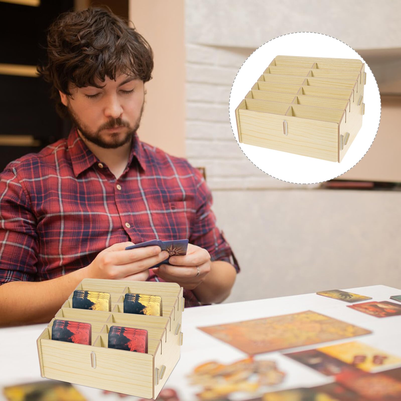 Scatola per Carte da Gioco Multi-griglia in Legno Beige | Capienza Ampia, Trasporto Pratico, per Piccoli Oggetti e Carte da Gioco, Organizer Compatto