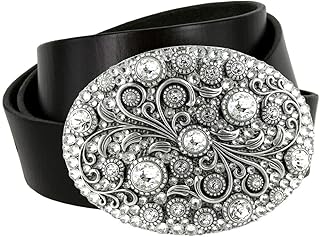 Timeless Tranquility Rhinestone Crystal Floral Buckle Genuine Leather Belt 1-1/2"(38mm) Wide
