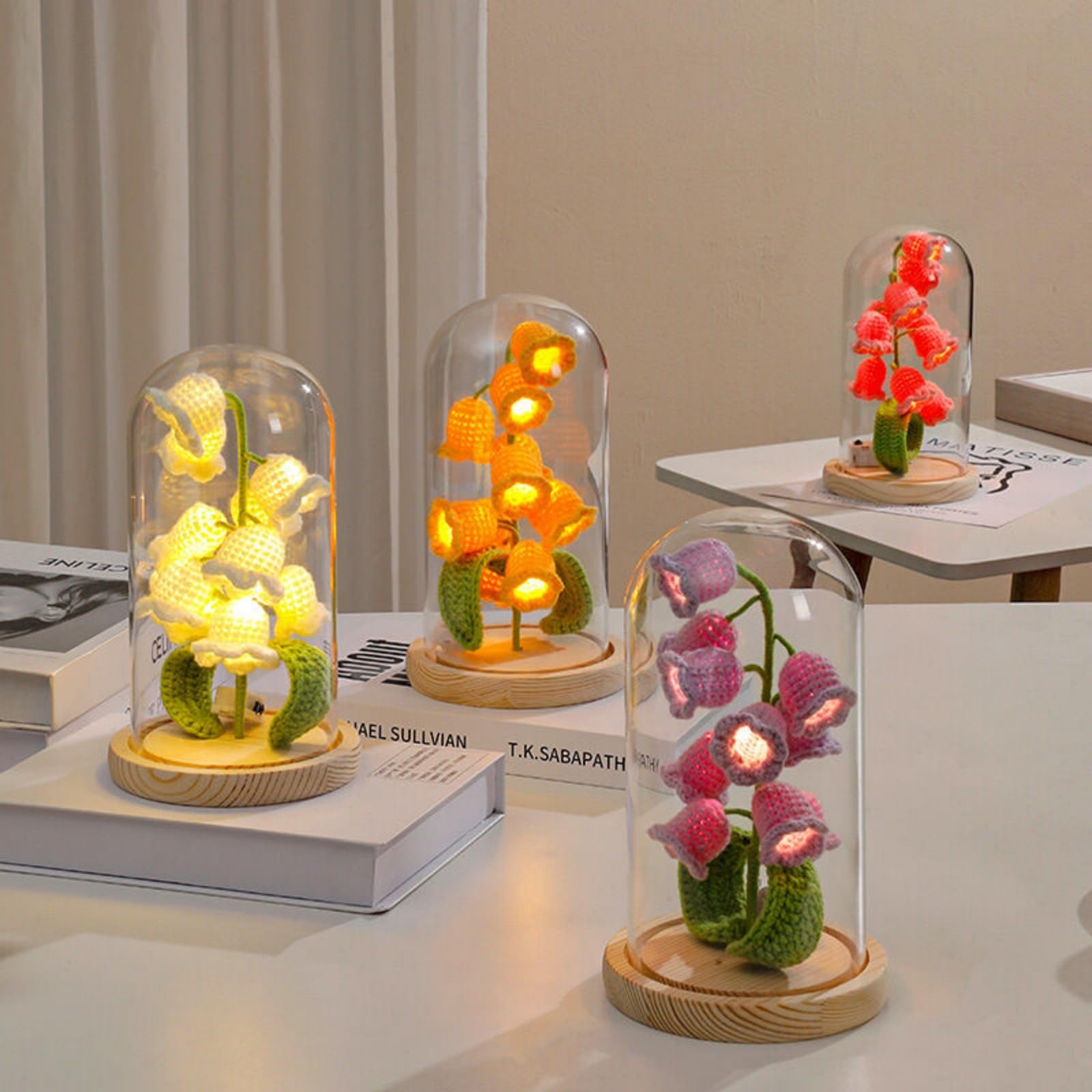 Amazon｜スズラン 枯れない花 かぎ針編み 造花 ガラスドーム LEDライト