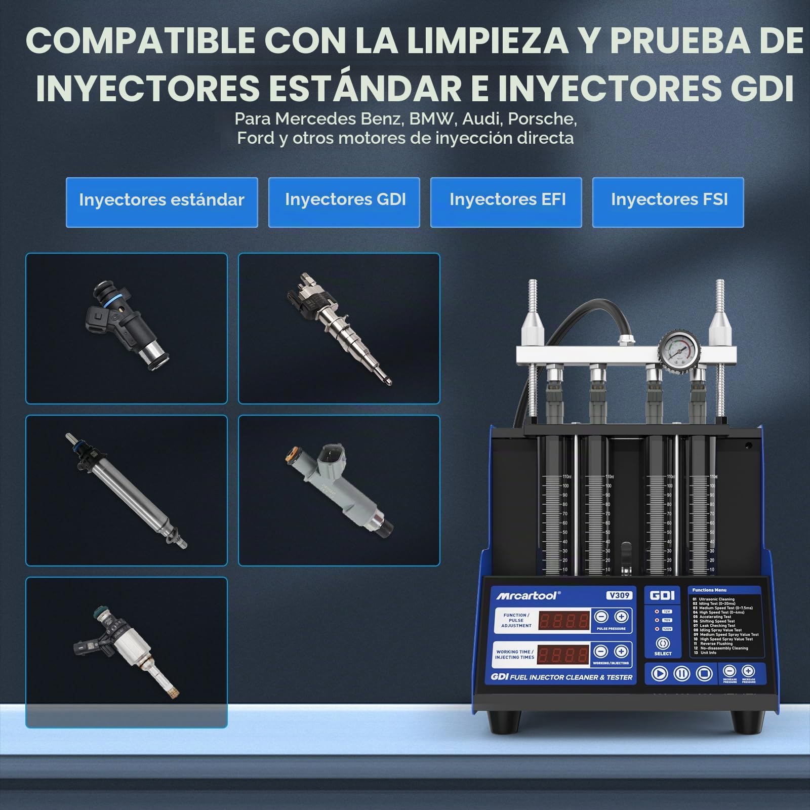 MR CARTOOL V309 Máquina Limpiadora y Probadora de Inyectores Diésel/Gasolina 110V/220V para 4 Cilindros, Equipo Ultrasónico de Limpieza para Inyectores GDI/EFI/FSI de Autos y Motocicletas