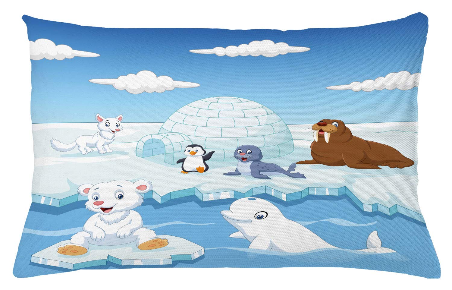 ABAKUHAUS Animal Throw Pillow Cushion Cover, Image of Arctics Animals Polar Bears Seal Penguins Wolfs Whales Work of Art, Decorative Square Accent Pillow Case, 26 X 16 Inches, Sky Blue and White