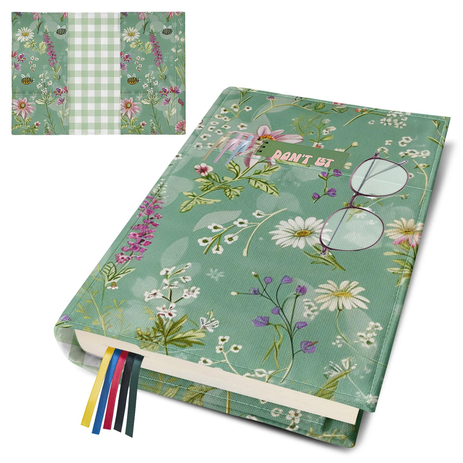 Fundas ajustables para libros, protector de libros de tela de lona lavable con bolsillos, marcapáginas, doble cara con estampado floral, funda para libro de tapa dura, novelas, libros de texto,