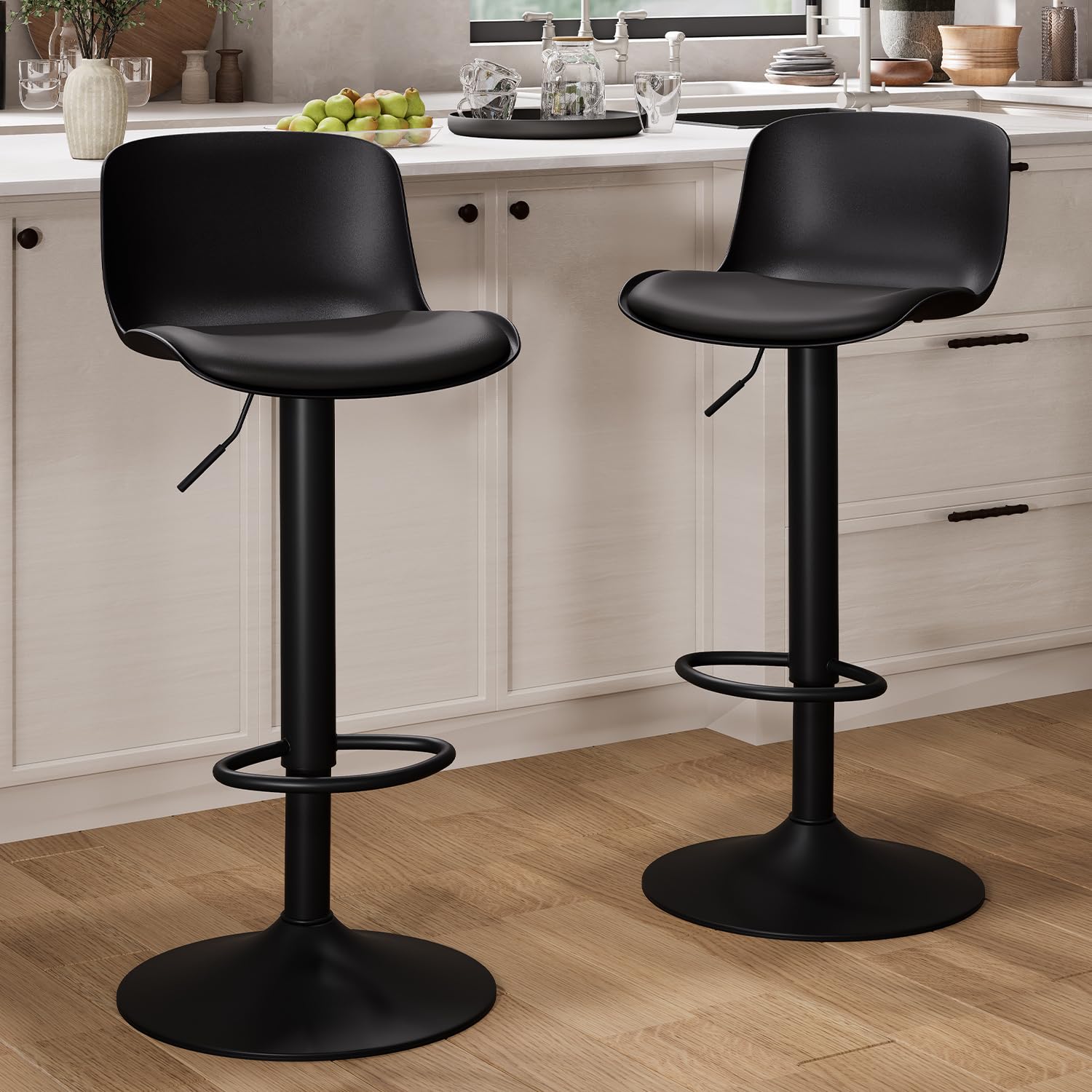 Kidol & Shellder Juego de 2 taburetes de Bar con Respaldo de Altura Ajustable, Color Negro, sillas de Bar giratorias, taburetes de Cocina para Cocina y mostrador