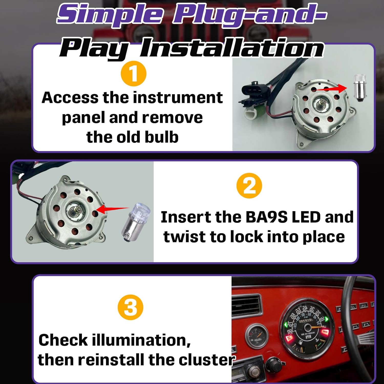 8-Pack Speedometer Cluster LED Bulb Replacement Kit for Jeep CJ5 CJ7 CJ8 Scrambler, BA9S Miniature Bayonet Base, 4 White / 2 Green / 2 Red Instrument Cluster LEDs, Enhances Dashboard Clarity