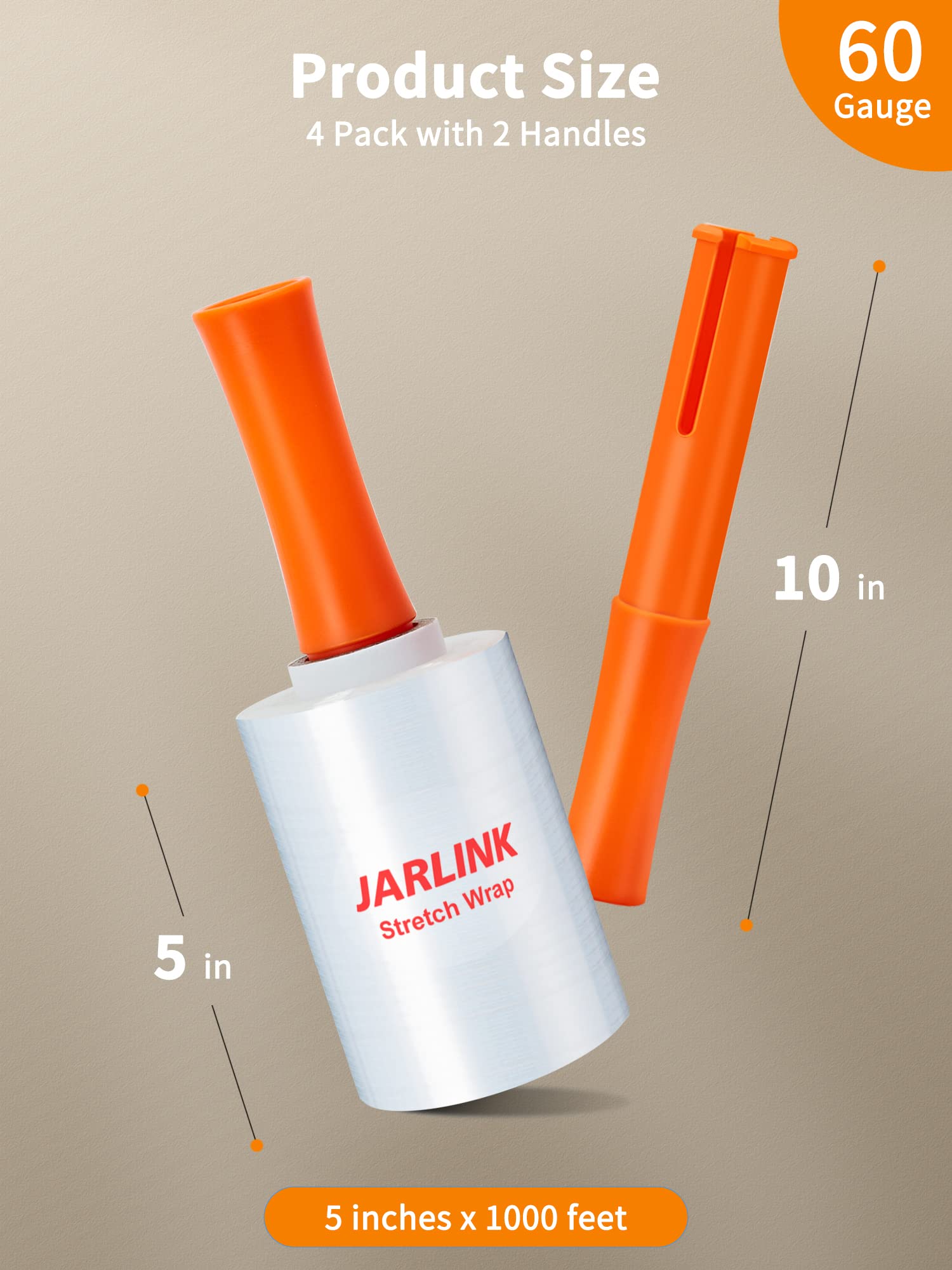 JARLINK Confezione da 4 rotoli di pellicola di plastica con manici in plastica, spessore 60 gauge, 5 "x 1000 piedi", resistenza industriale estensibile fino al 500% per spostamento, imballaggio,