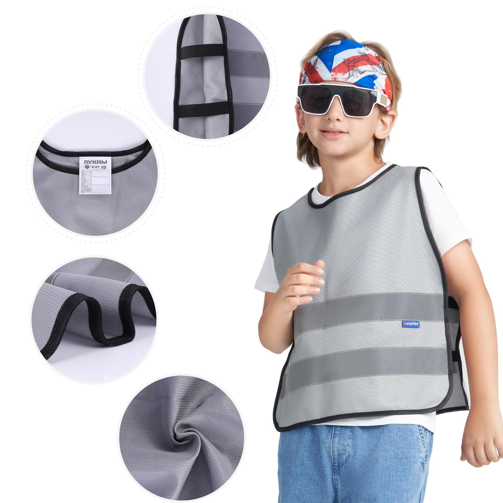AYKRM 6-9 Year Hi Vis Vests for Kids grey Kids High Visibility Reflective Vest Grey High Vis Vests Jacket for Kids - Image 2