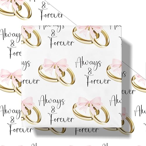 Miniatura 2 de RUSPEPA Rollo de papel de regalo de boda, mini rollo, lazos rosas y anillos dorados con diseño de texto "Always & Forever", elegante envoltura de