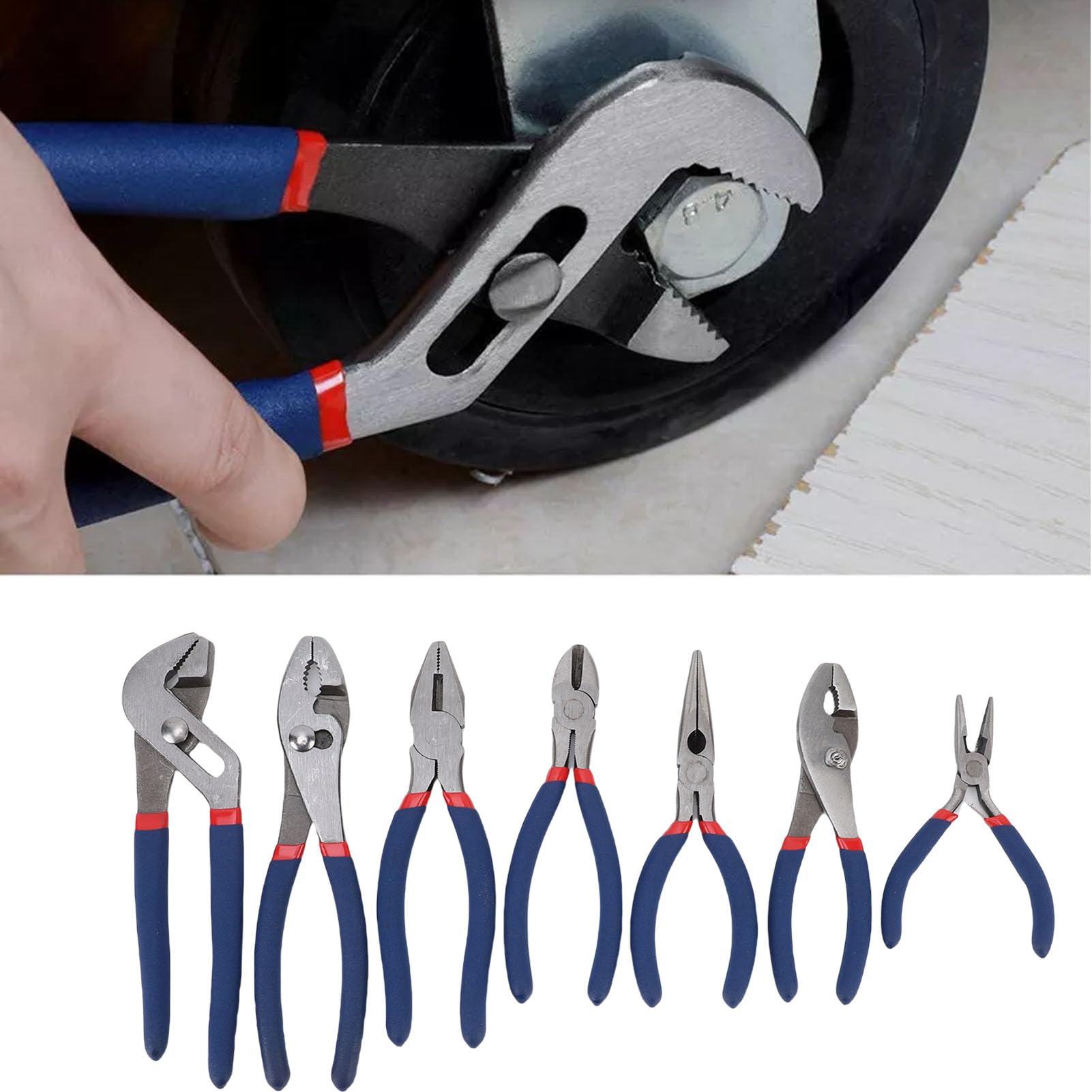 Set di 7 Pinze con Pinza a Giunto Scanalato e Pinza a Slittamento | Kit di attrezzi multiuso per riparazione auto, acciaio , impugnature comode, naso lungo, guardalinee, pinze diagonali